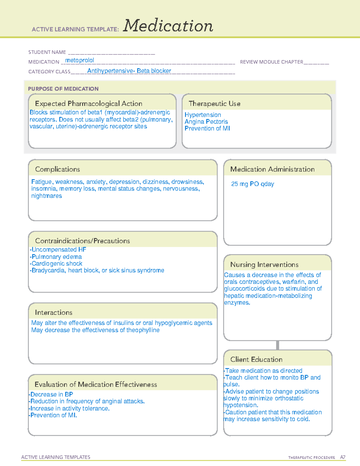 metoprolol Pharmacology Template - ACTIVE LEARNING TEMPLATES ...