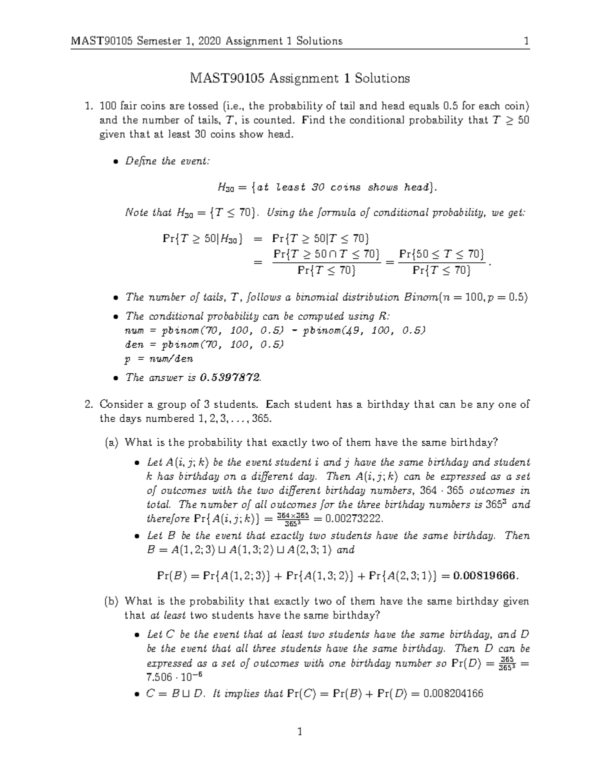 Semester 1, 2020 Assignment 1 Solutions - MAST90105 Semester 1, 2020 ...