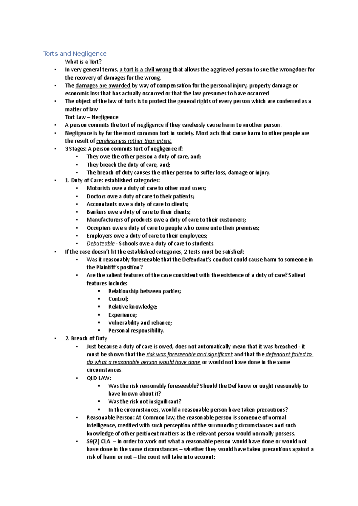 Final Exam Notes - Summary LAWS - Torts and Negligence What is a Tort ...