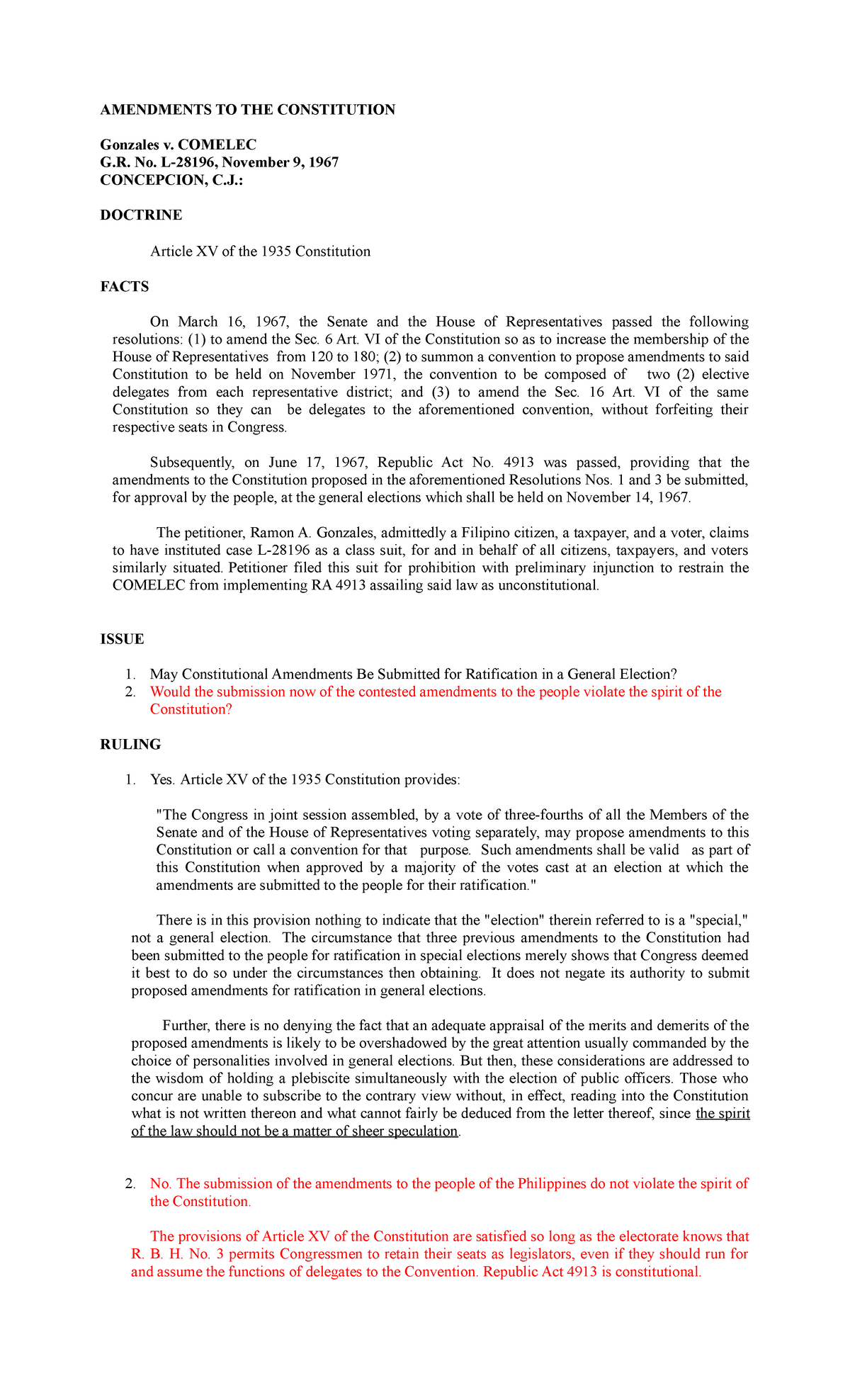 Gonzales V. COMELEC G.R. No. L-28196 - AMENDMENTS TO THE CONSTITUTION ...