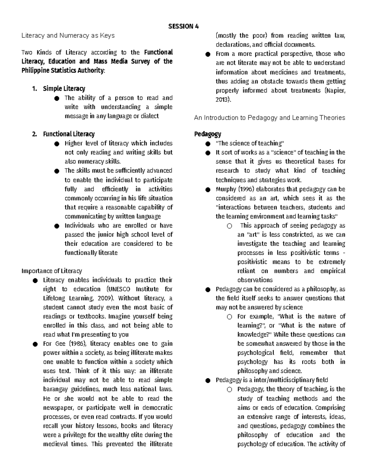 Session 4 - Notes - SESSION 4 Literacy and Numeracy as Keys Two Kinds ...