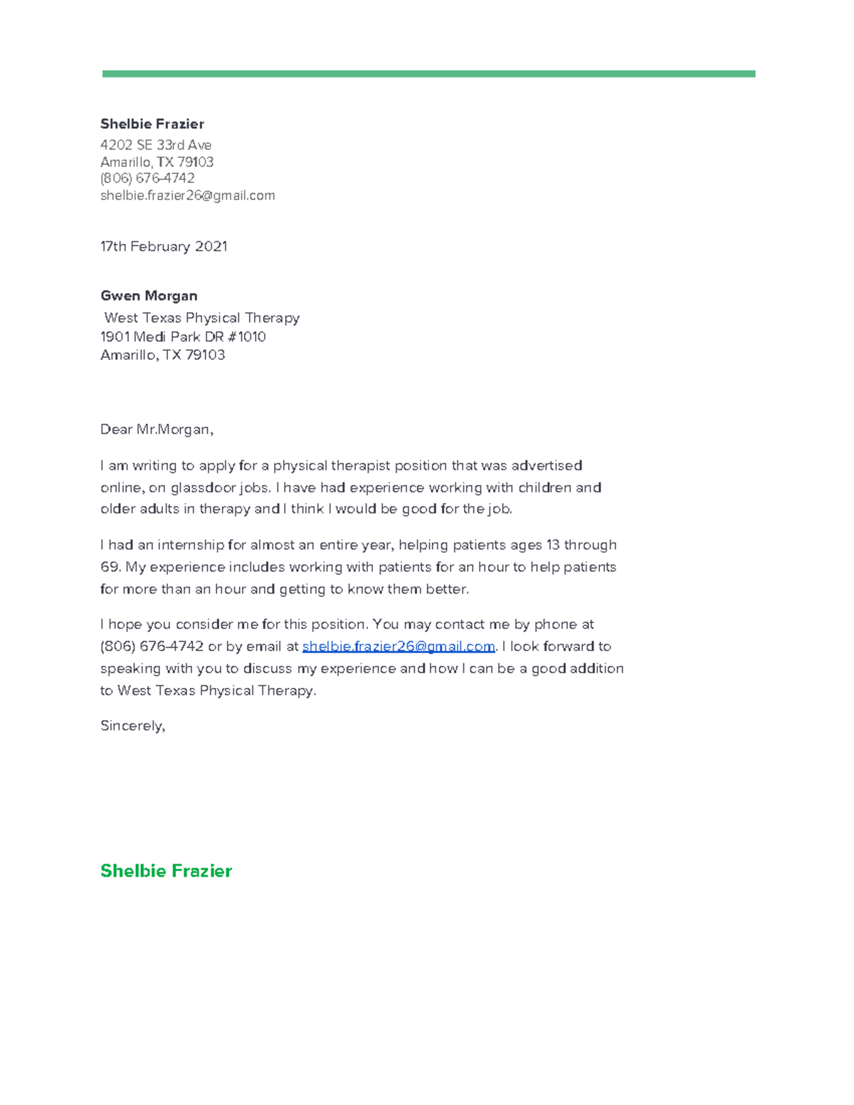 Cover letter - **Shelbie Frazier ** 4202 SE 33rd Ave Amarillo, TX 79103 ...