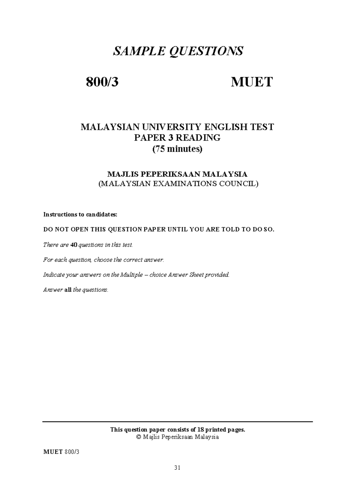 Sample Questions muet-reading - SAMPLE QUESTIONS 800/3 MUET MALAYSIAN ...