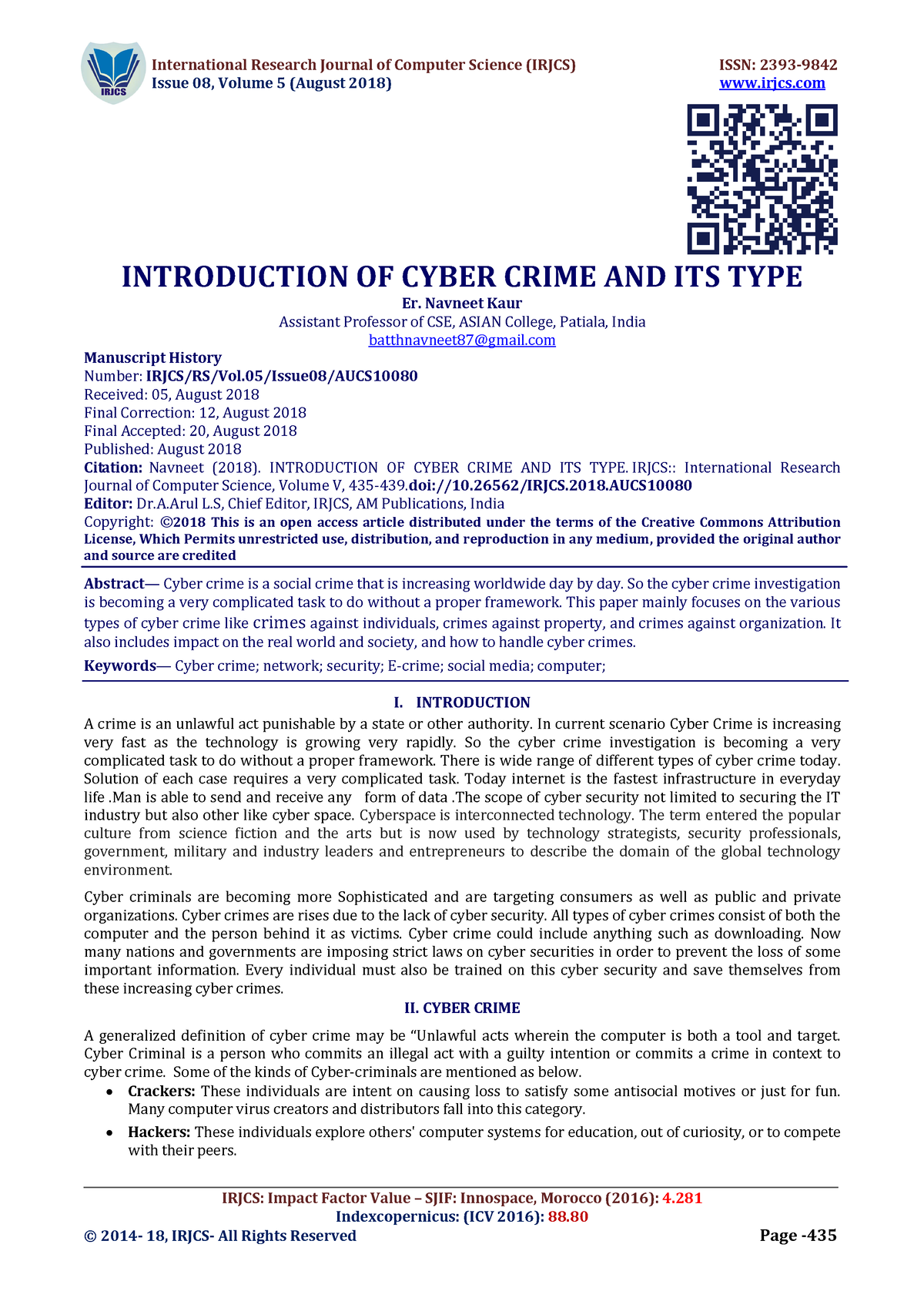 Introduction OF Cyber Crime AND ITS TYPE - Issue 08, Volume 5 (August ...