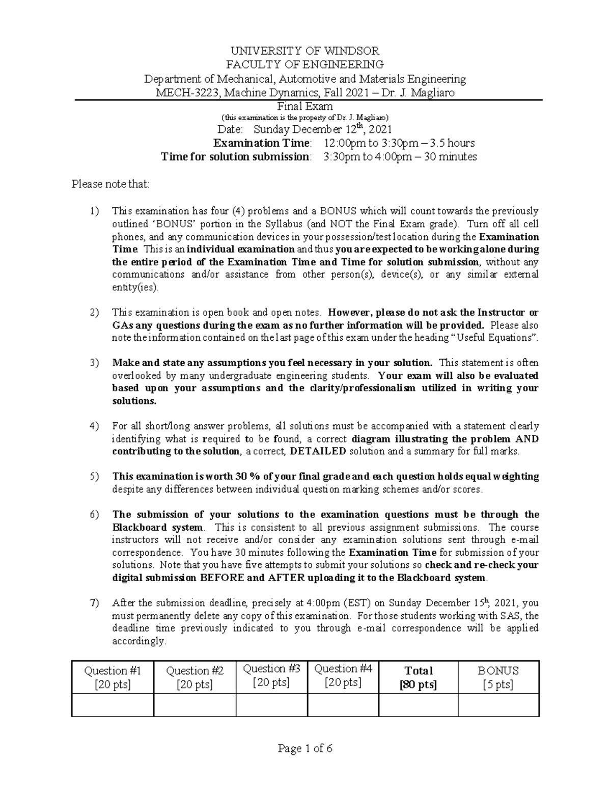 Final Exam - Questions 1 - UNIVERSITY OF WINDSOR FACULTY OF ENGINEERING ...