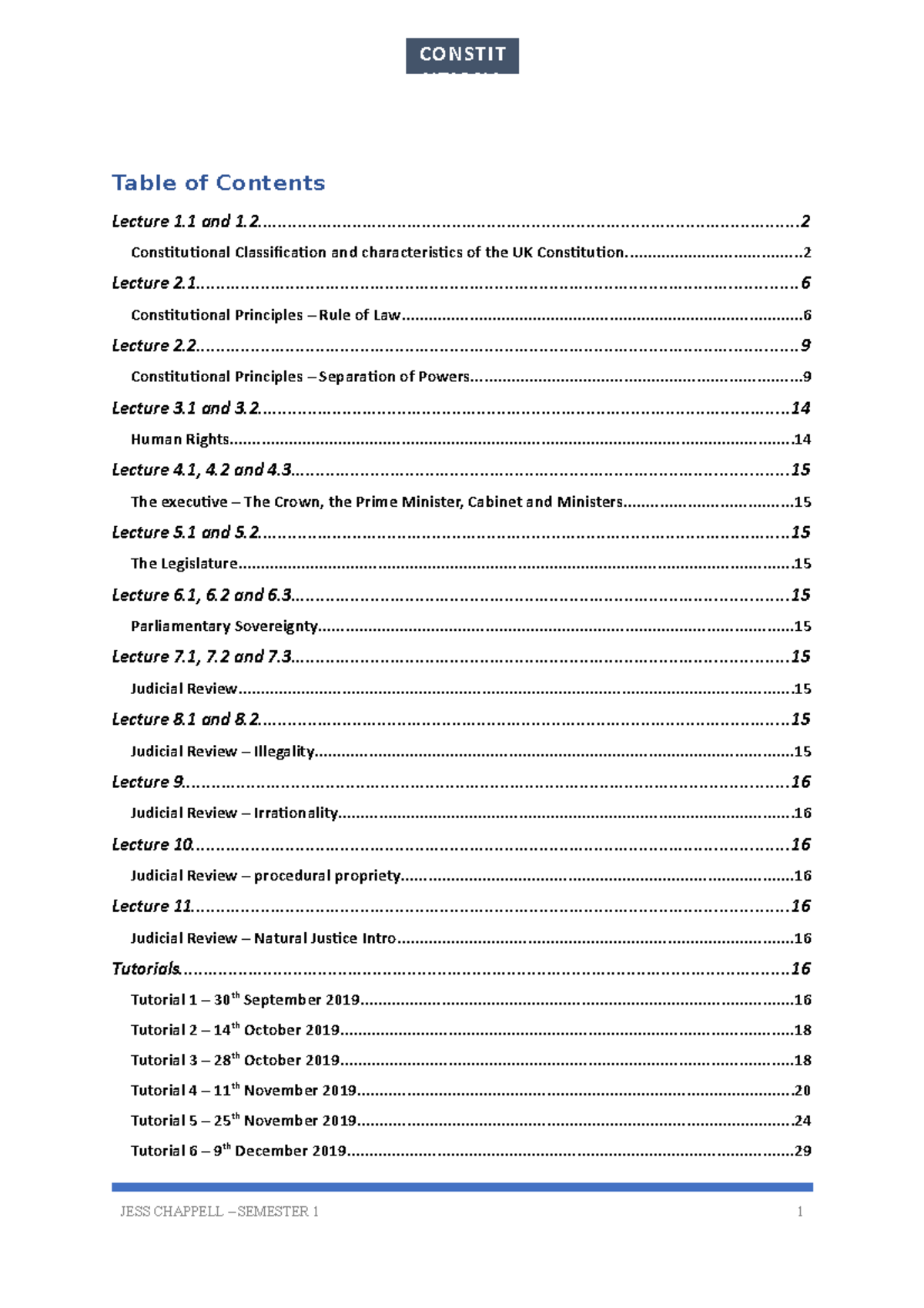 Constitutional and Administrative Law Notes - Table of Contents Lecture ...