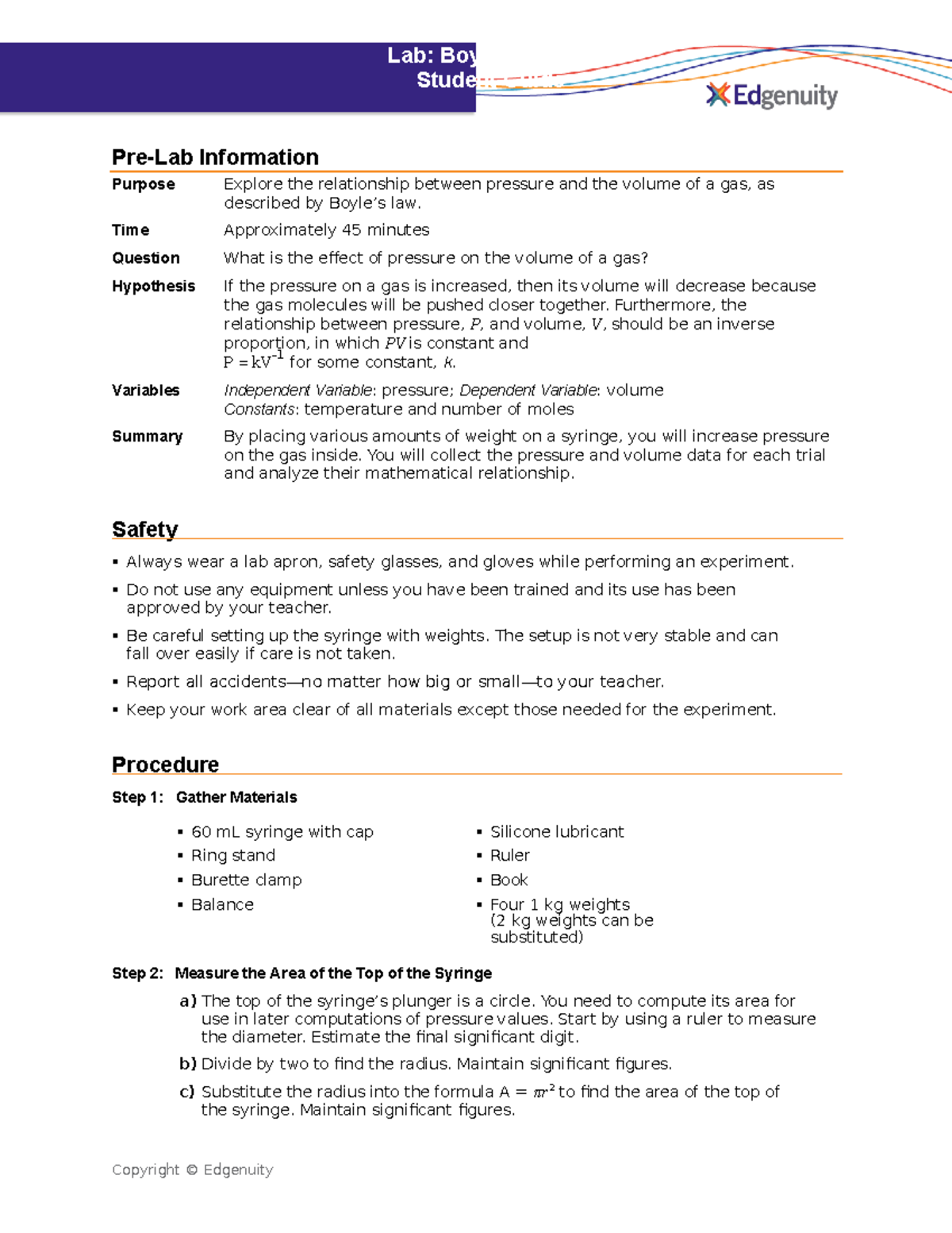 Boyle's law lab report Copyright © Edgenuity Lab Boyle’s Law Student