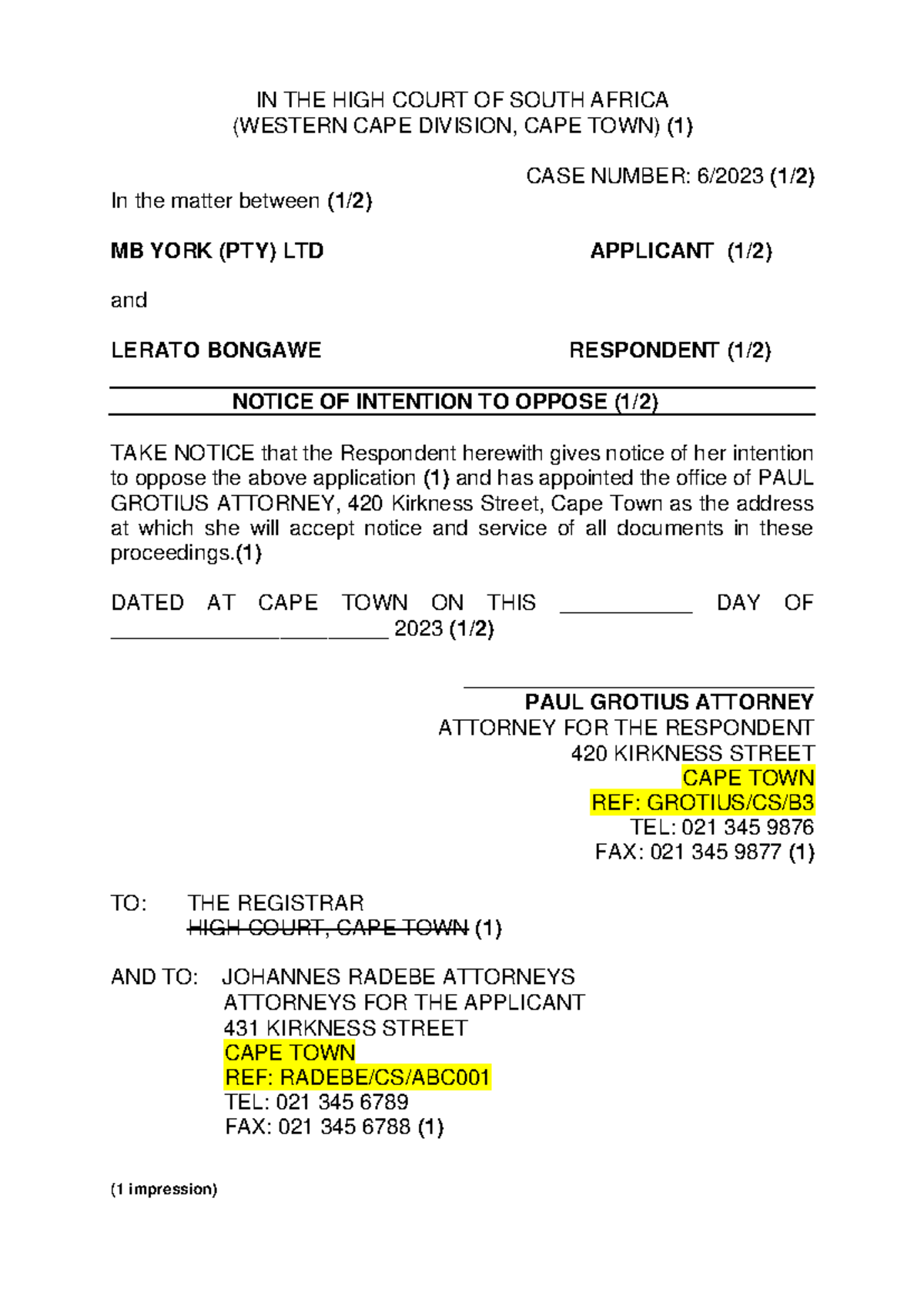 notice of intention to oppose time period high court