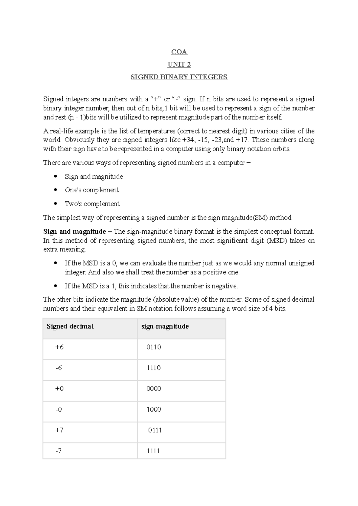 UNIT 2 - UNIT 2 NOTES - COA UNIT 2 SIGNED BINARY INTEGERS Signed ...