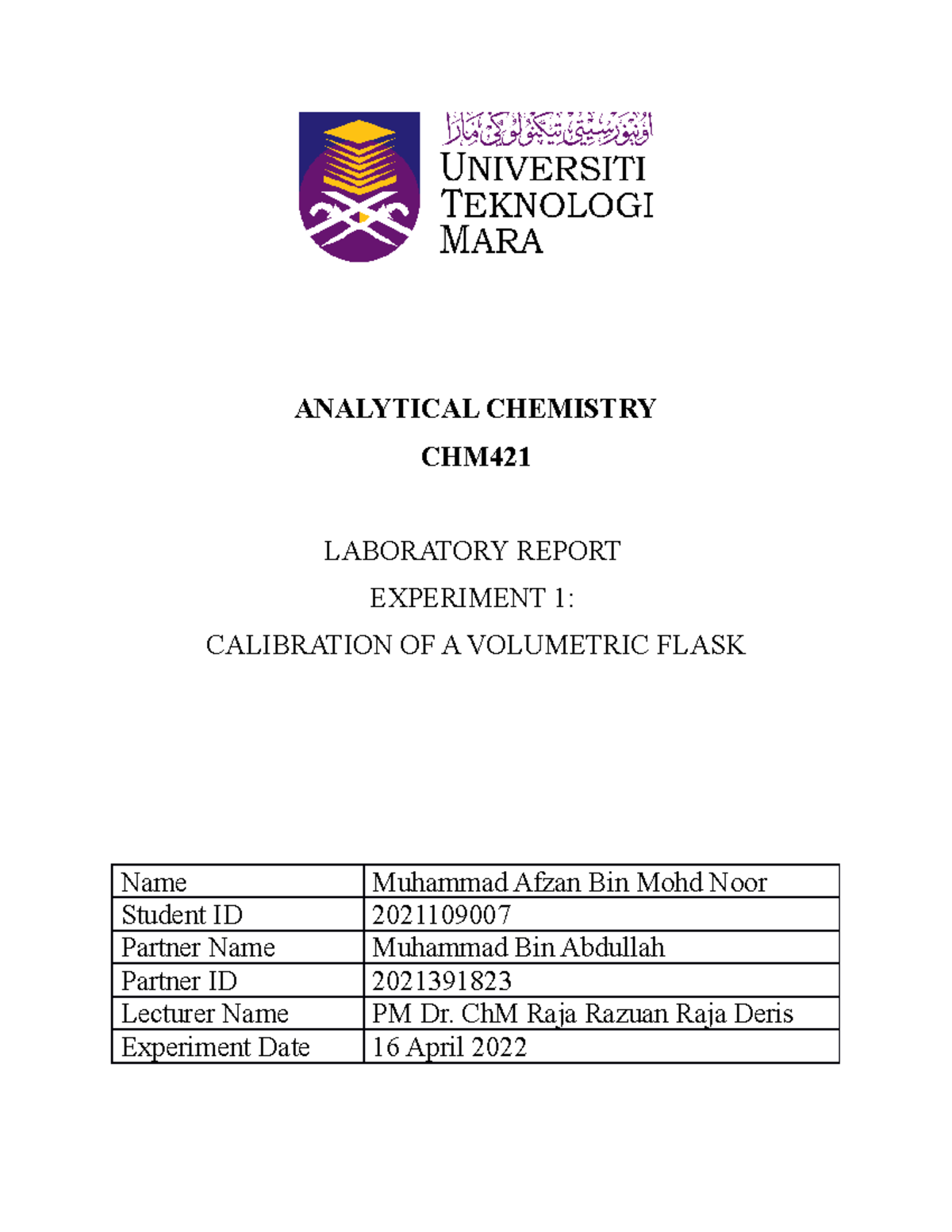 CHM421 Experiment 1 - ANALYTICAL CHEMISTRY CHM LABORATORY REPORT ...