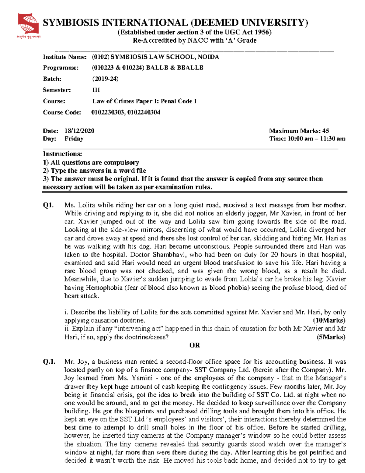 Law of Crimes Paper I Penal Code I 2020 - SYMBIOSIS INTERNATIONAL ...