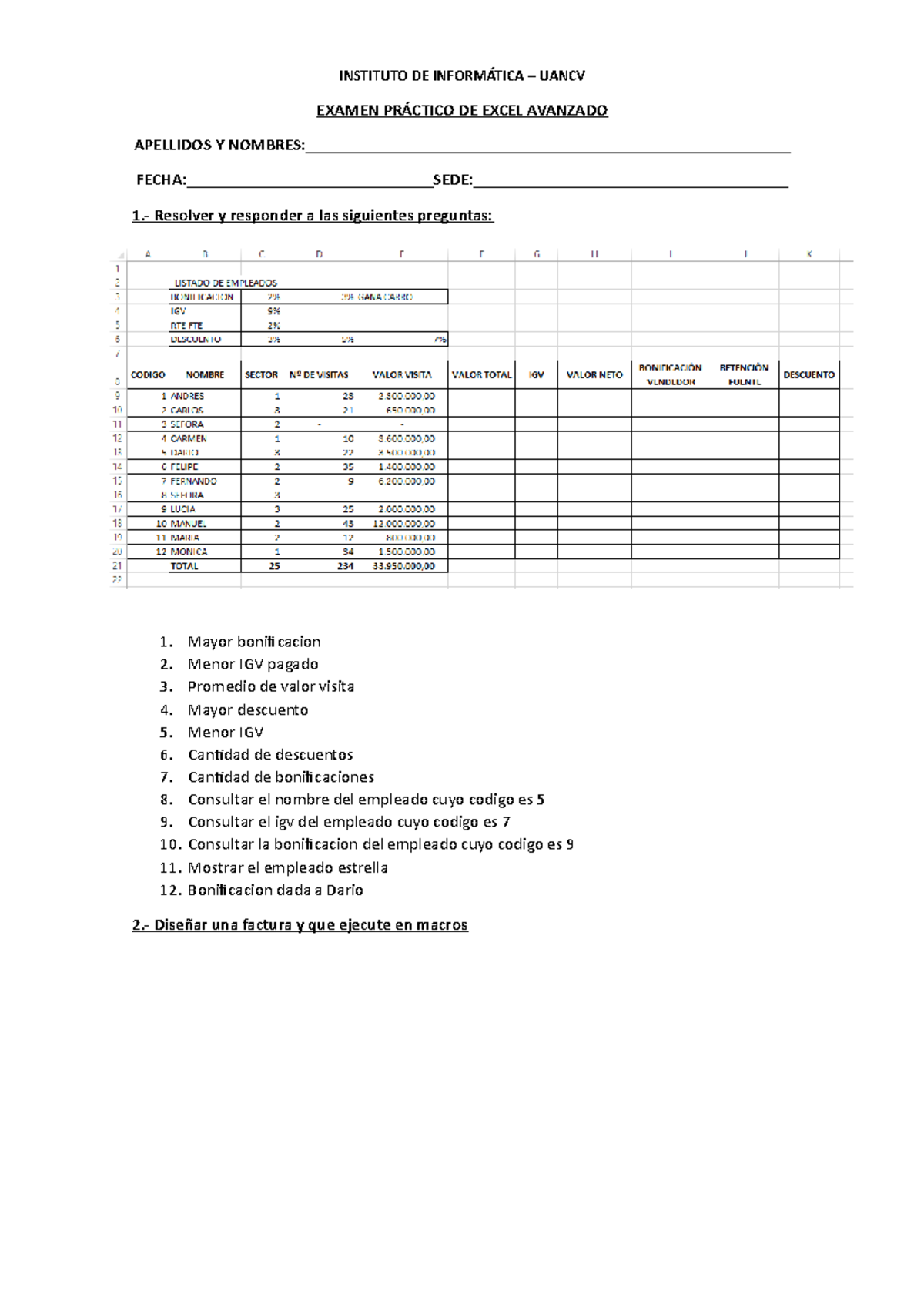 Examen Avanzado Excel - Practica - INSTITUTO DE UANCV EXAMEN DE EXCEL ...