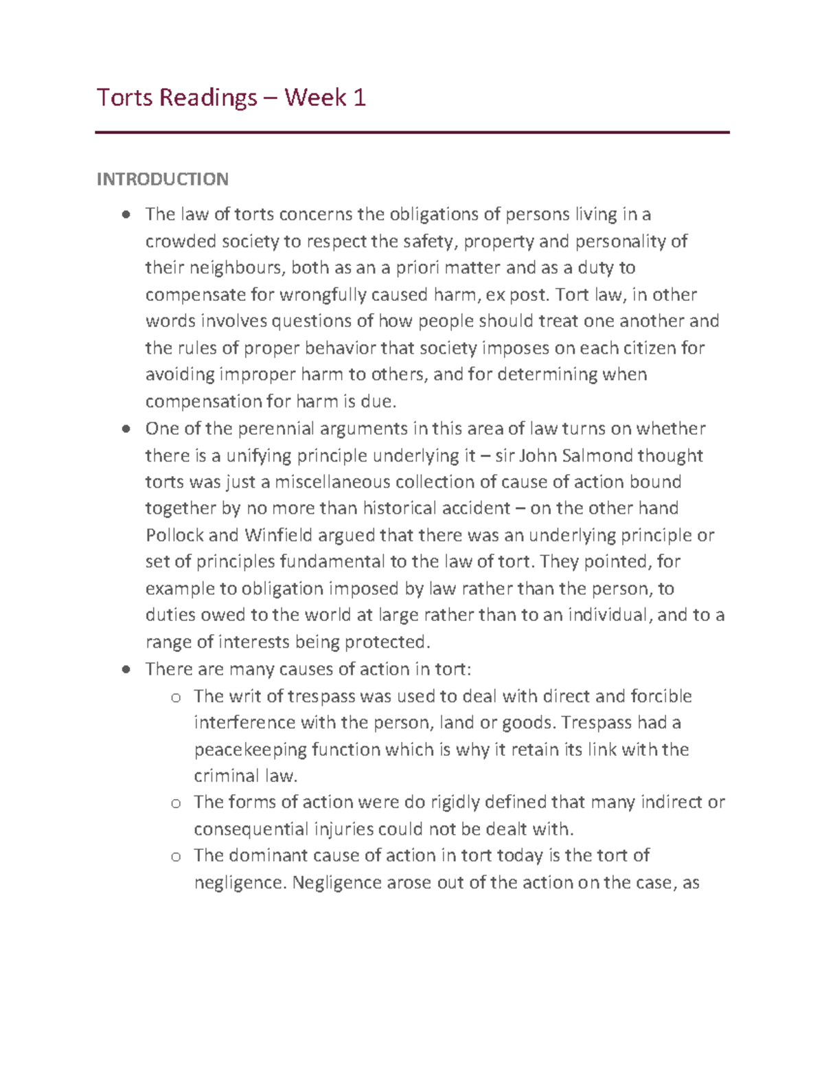 Wk 1 Reading-Tort - Torts Readings Week 1 INTRODUCTION The law of torts ...