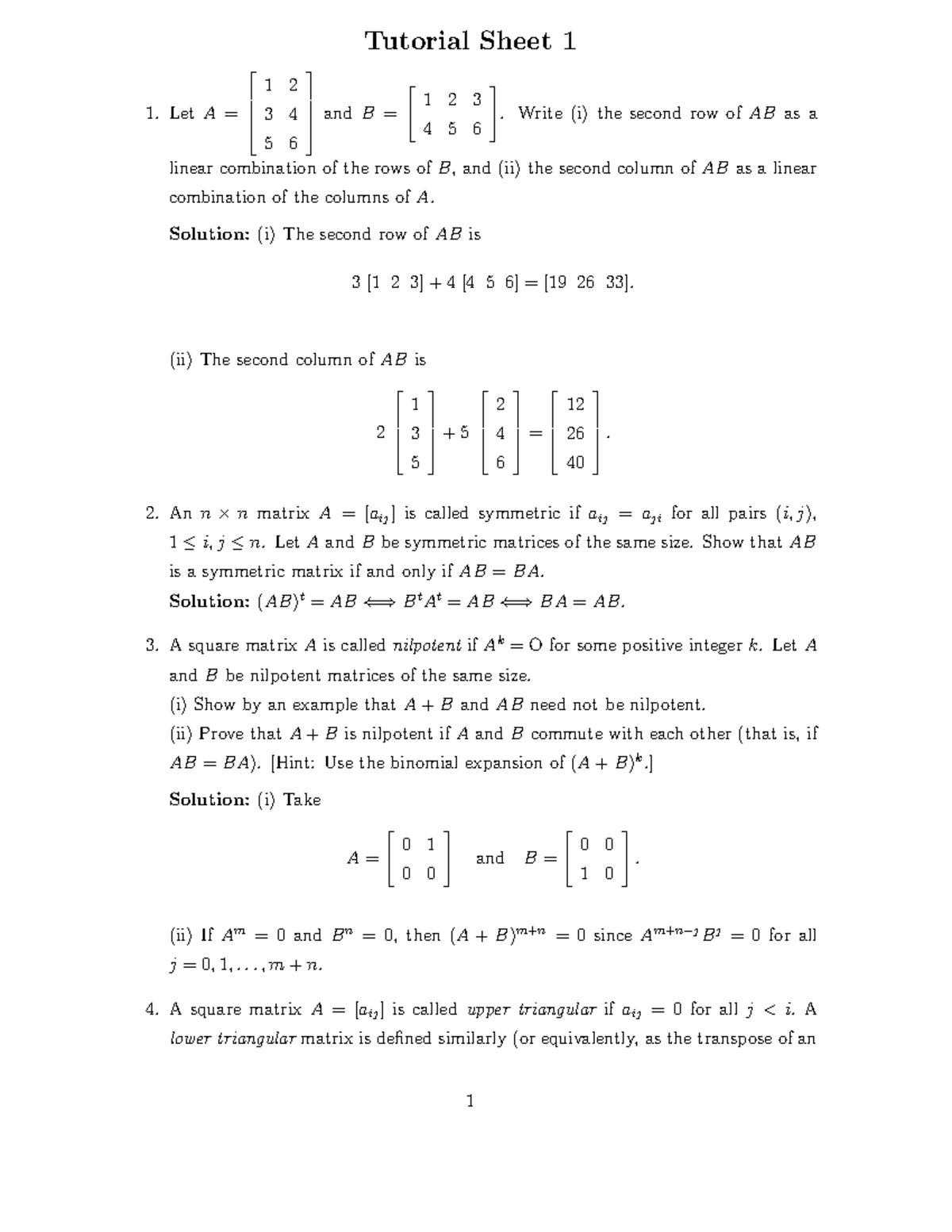 Copy Of Tut1sol - Tutorial 1 Solutions - Tutorial Sheet 1 Let A = 1 2 3 ...