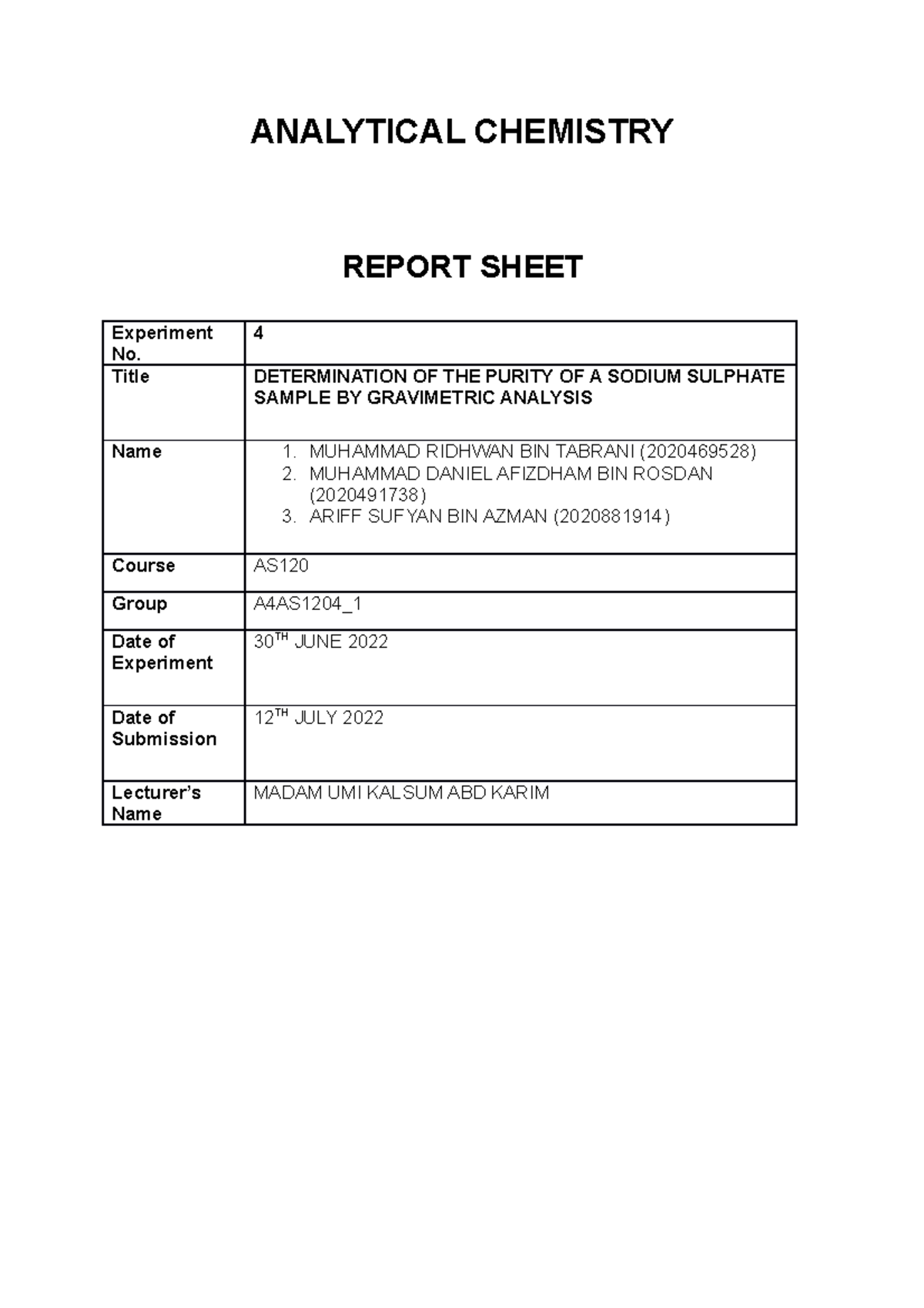 LAB EXP 4 CHM 256 - Lab Report - ANALYTICAL CHEMISTRY REPORT SHEET ...