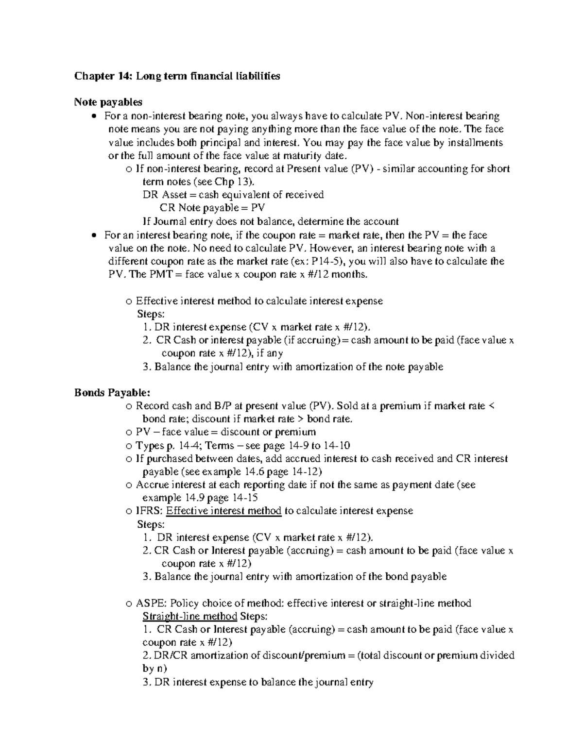 Chapter 14 notes - Chapter 14: Long term financial liabilities Note ...