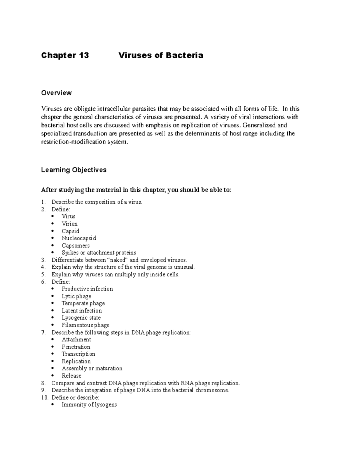 Chapter 13 Study Guide - MICRO - Chapter 13 Viruses Of Bacteria ...