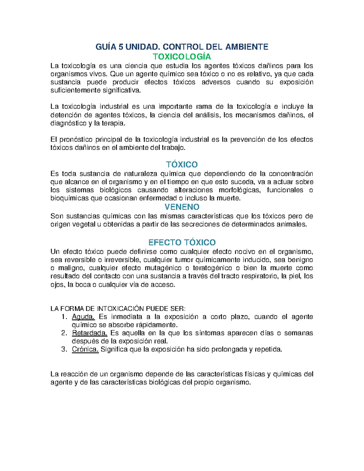 Control Del Ambiente Toxicología GuÍa 5 Unidad Control Del