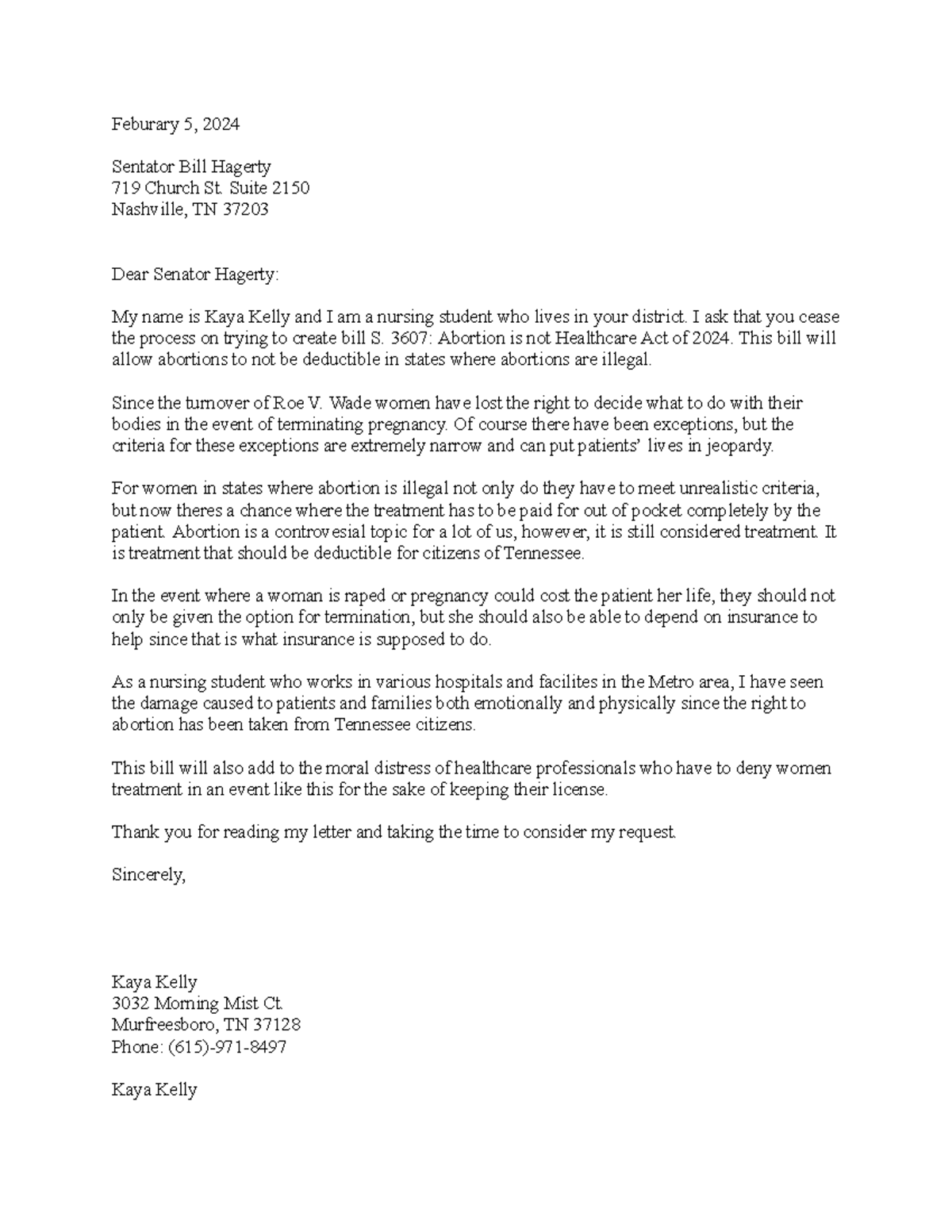 Legislavtive Letter Assignment - Feburary 5, 2024 Sentator Bill Hagerty ...