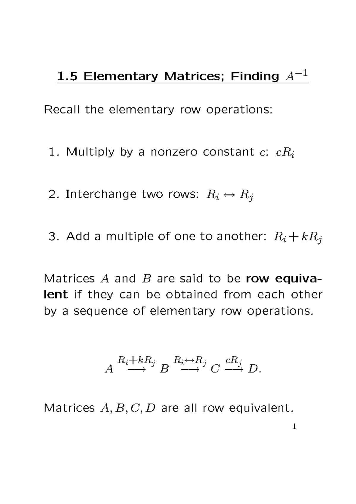 MAT2A201 - Chapter 1 Lecture Notes - 1 Elementary Matrices; Finding A− ...
