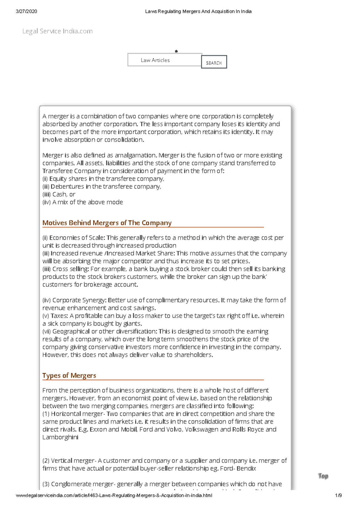 Laws Regulating Mergers And Acquisition In India - Law Articles ...