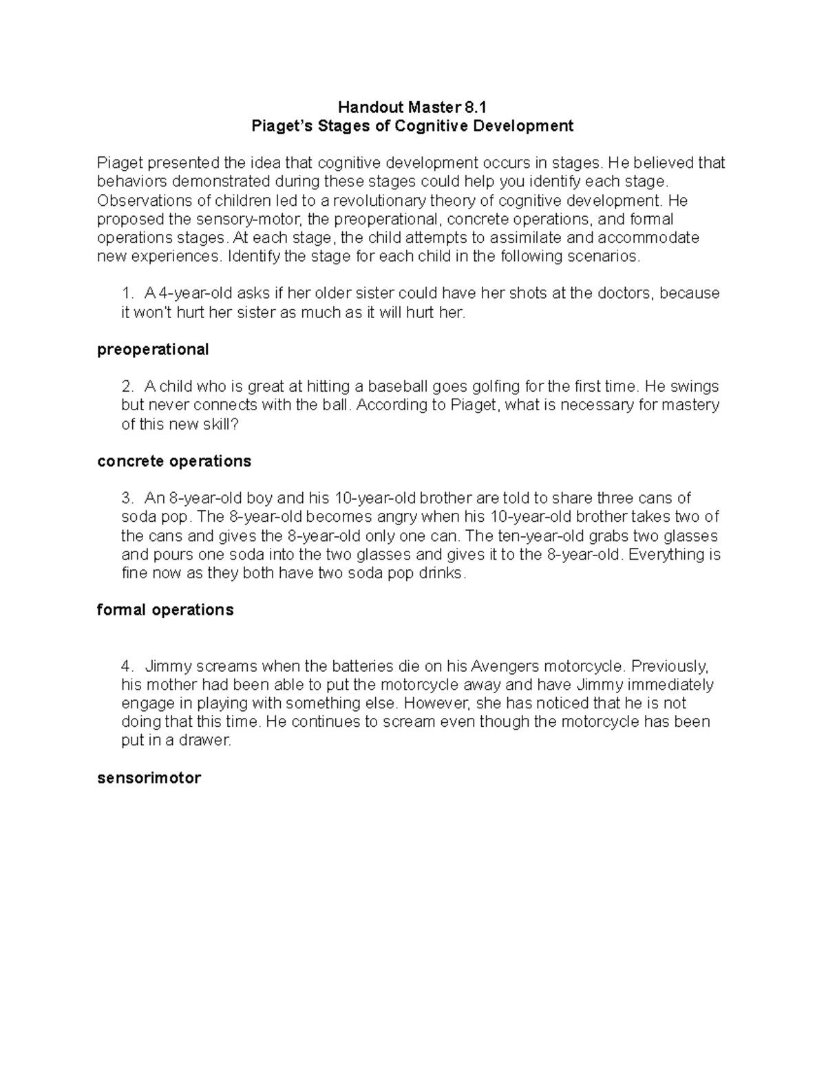 Handout 8.1 Piaget s Stages of Cognitive Development Handout