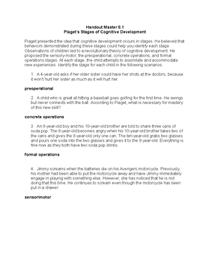 Handout 8.1 Piaget s Stages of Cognitive Development Handout