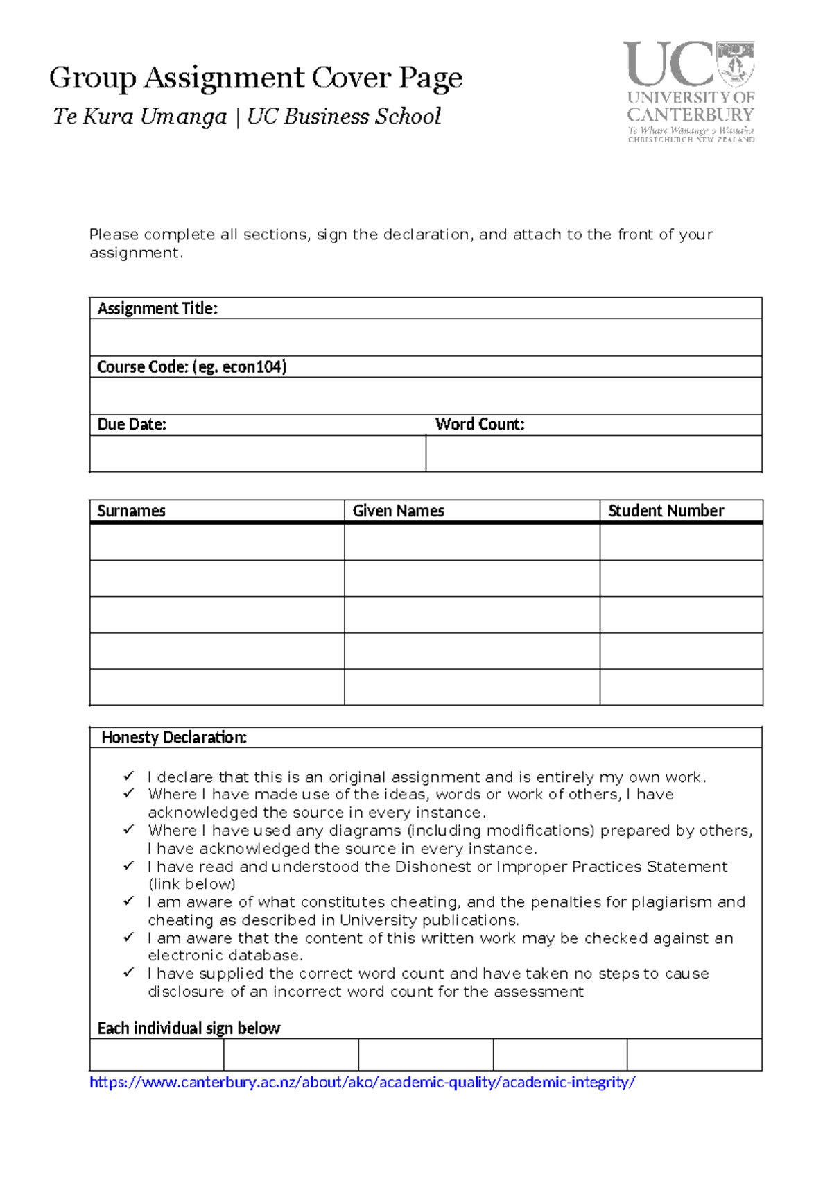 Cover Page - group projects - Please complete all sections, sign the ...