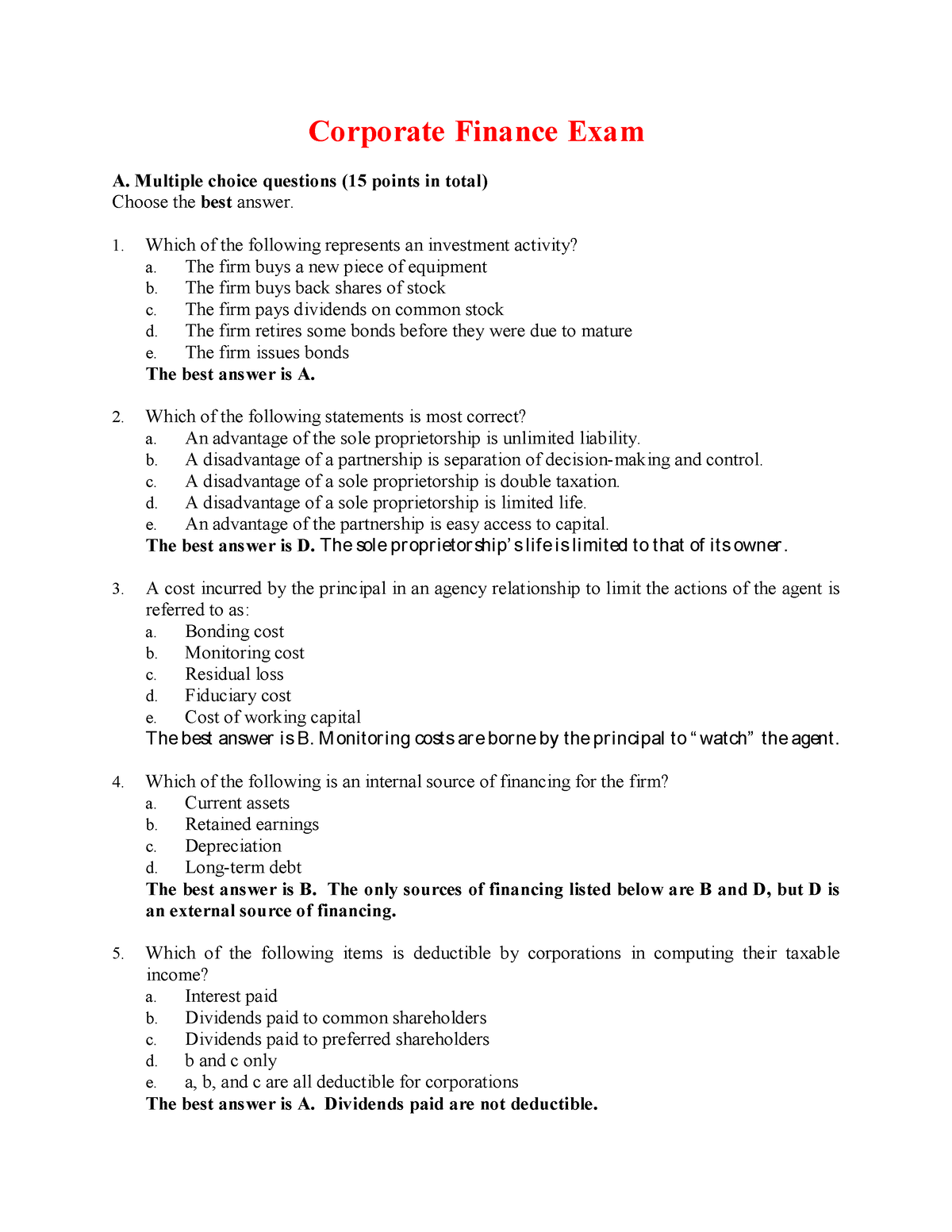 Corporate-Finance-Exam - Corporate Finance Exam A. Multiple Choice ...