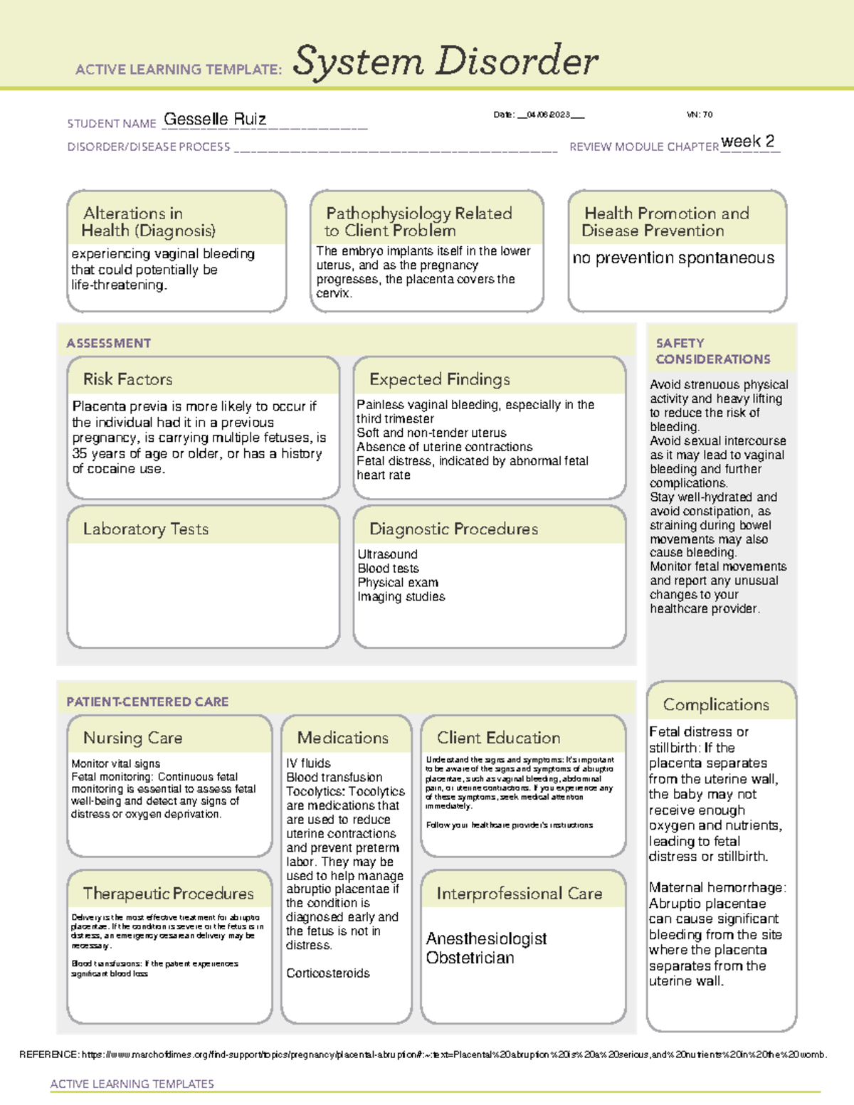 System disorder placental abrubtion - ACTIVE LEARNING TEMPLATES System ...