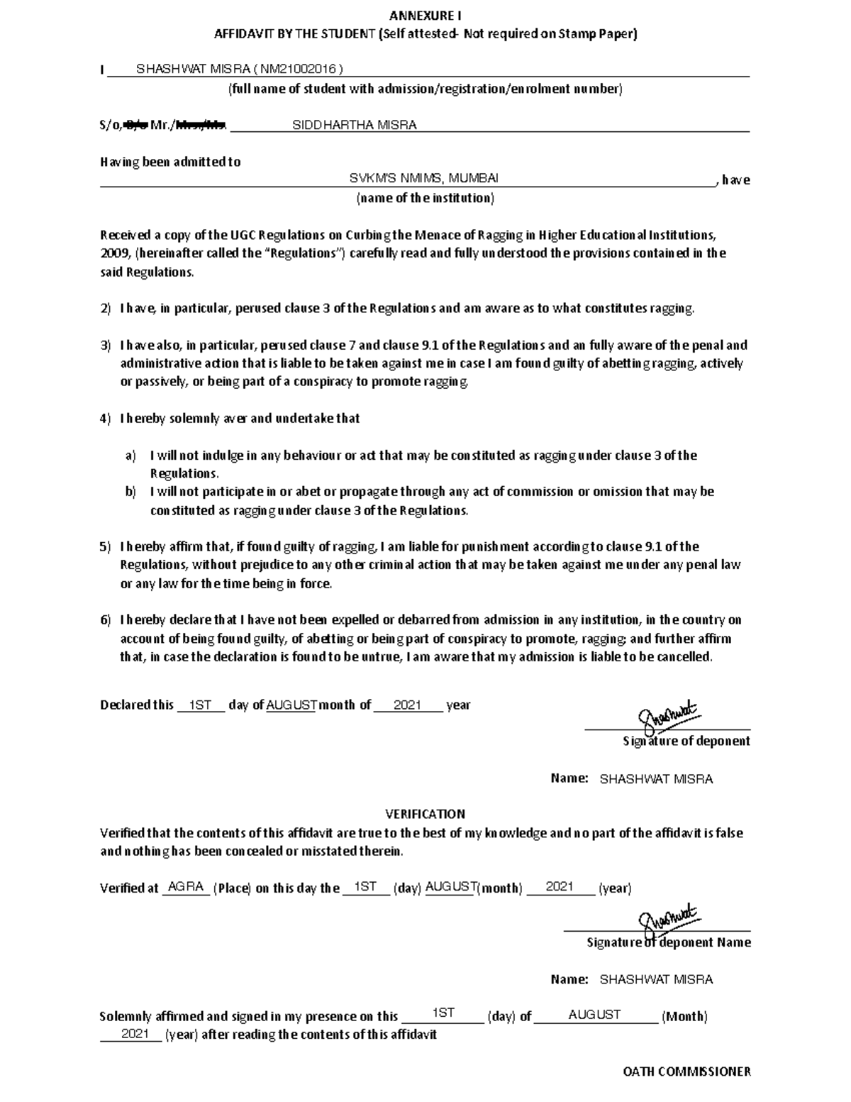 Annexure I- Affidavit BY THE Student Filled - ANNEXURE I AFFIDAVIT BY ...