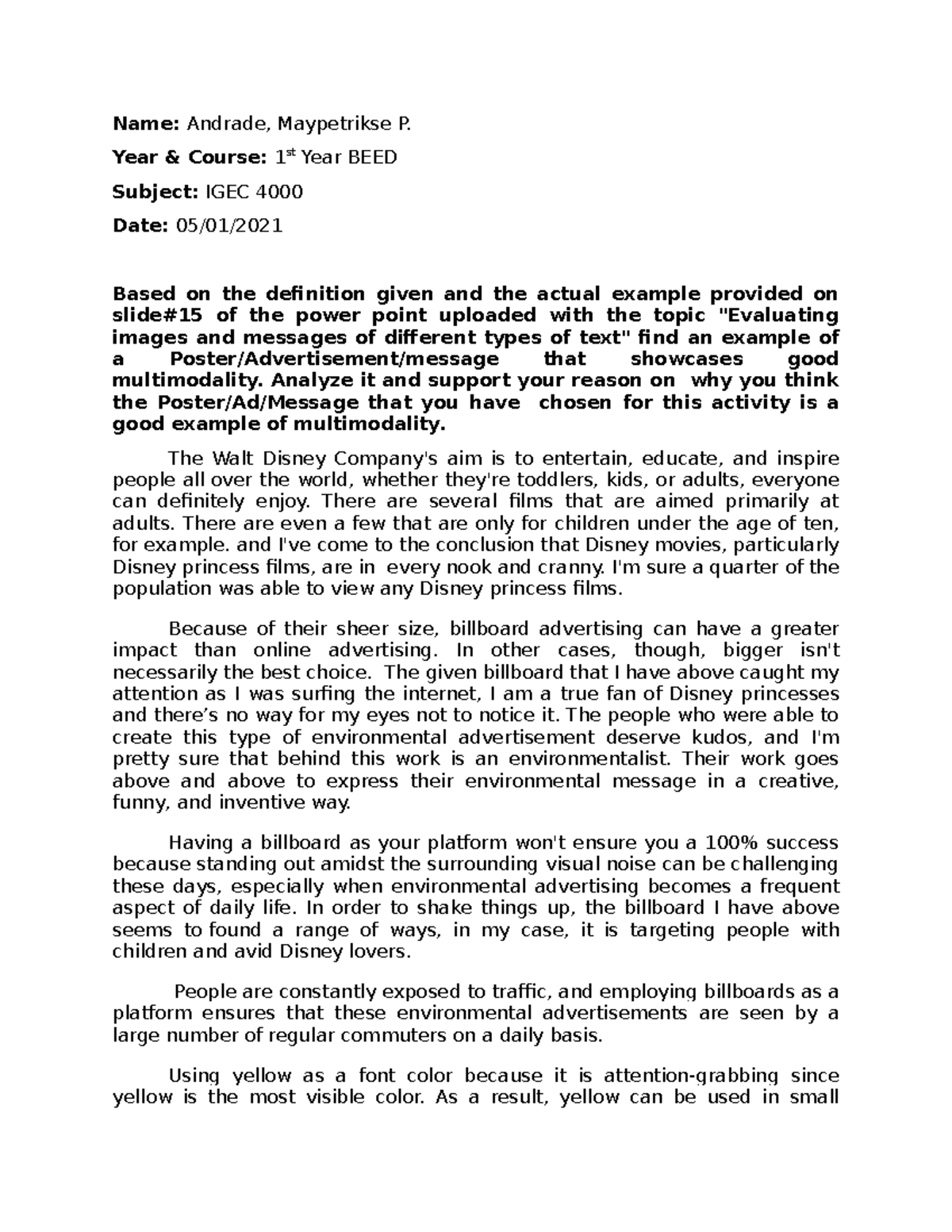 Multimodality - Name: Andrade, Maypetrikse P. Year & Course: 1 st Year ...