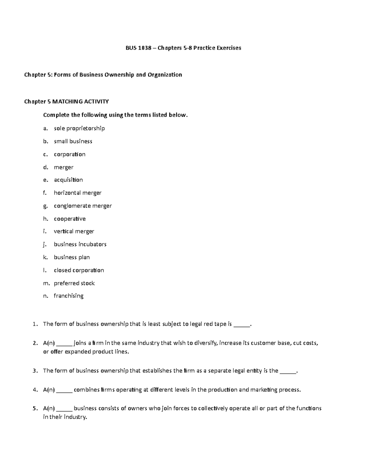 BUS 1038 test2 practice questions matching BUS 1038 Chapters 58 Practice Exercises Chapter
