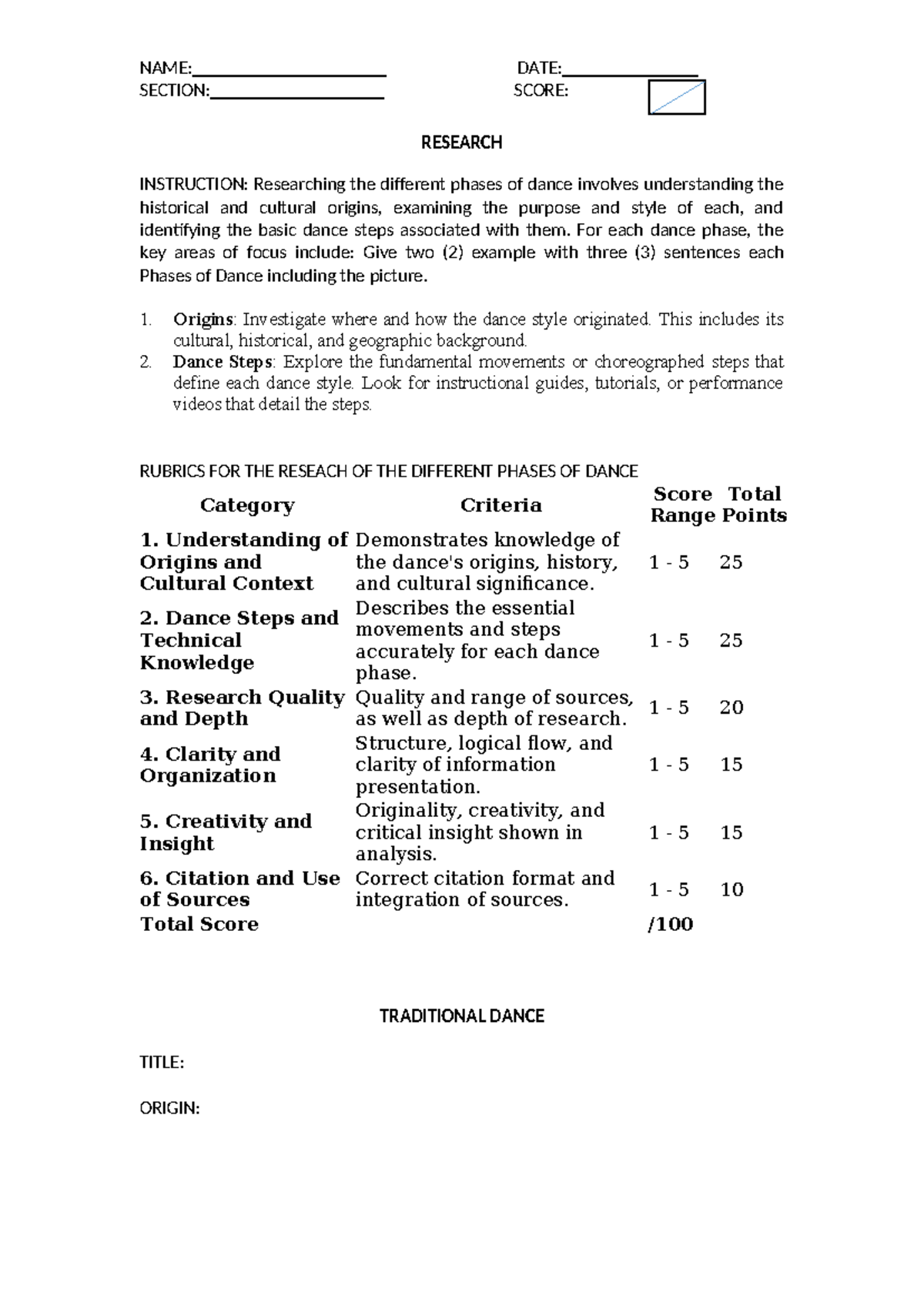 Research FOR THE Phases OF Dance - SECTION: SCORE: RESEARCH INSTRUCTION ...