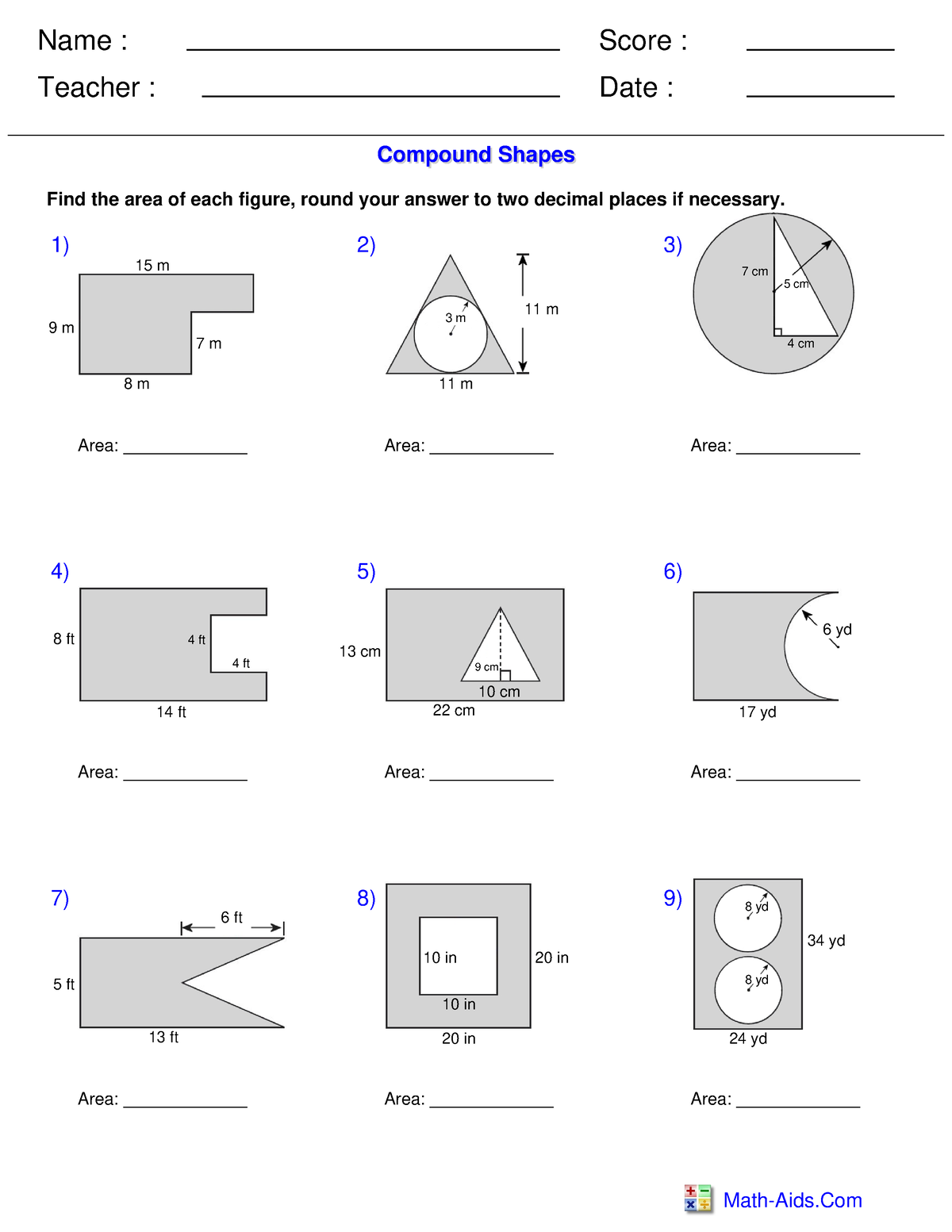 Area of the Shaded Region 2 - Name : Teacher : Date : Score : Math-Aids ...