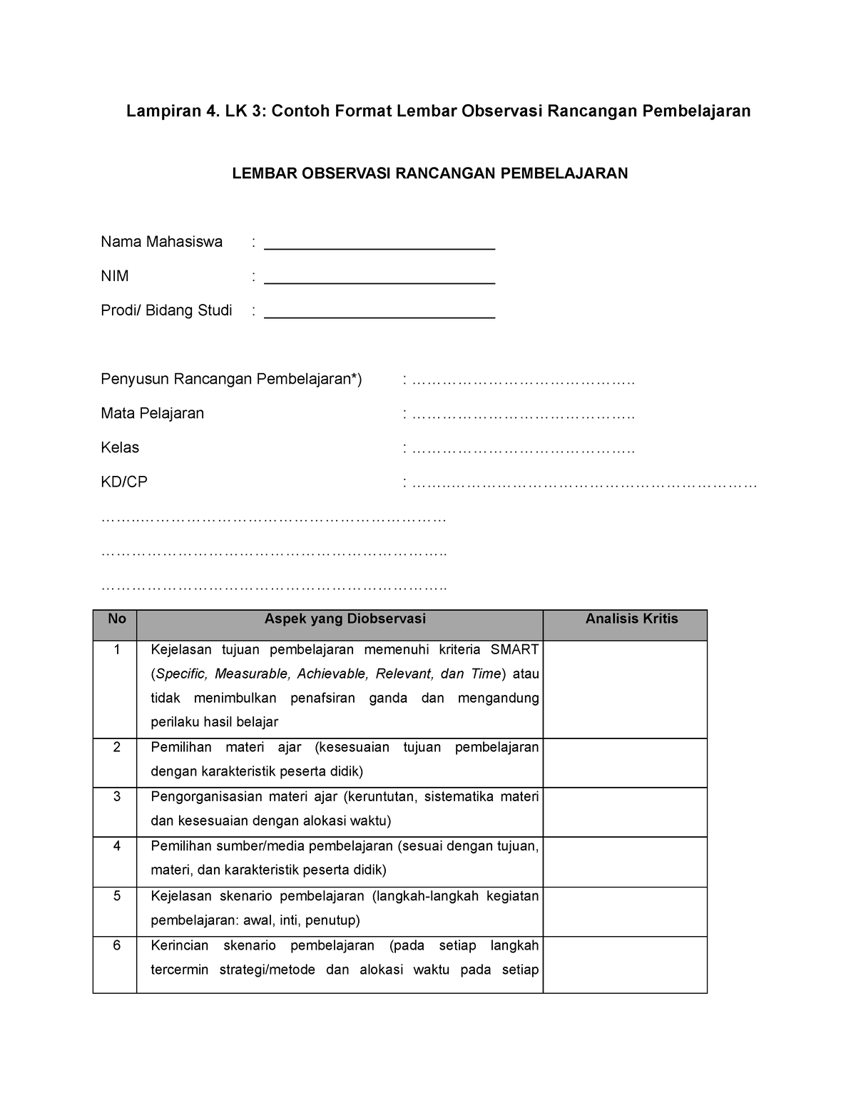 Lampiran 4. LK 3 Contoh Format Lembar Observasi Rancangan Pembelajaran ...