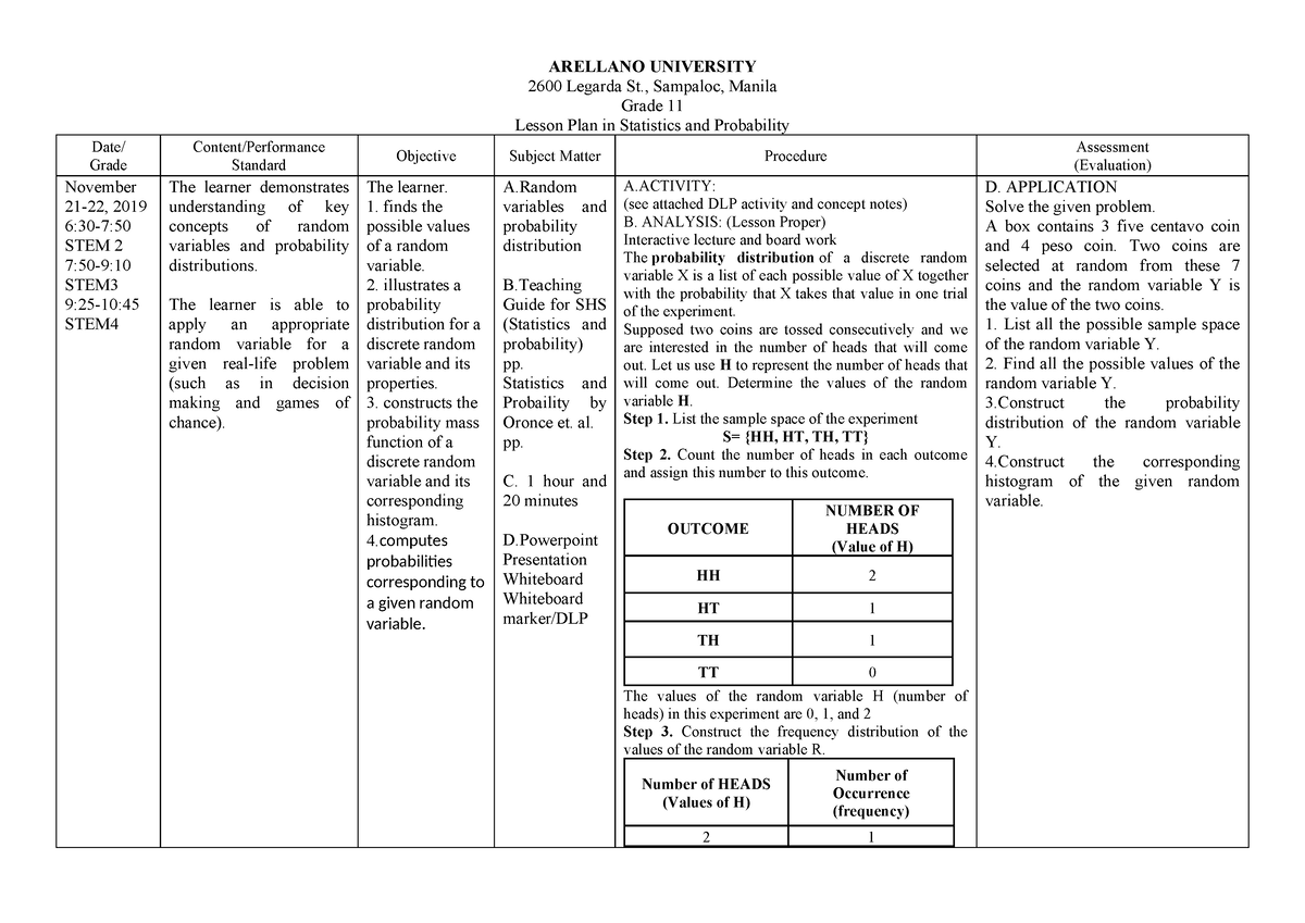 Lesson Plan In Statistics And Probabilit - ARELLANO UNIVERSITY 2600 ...