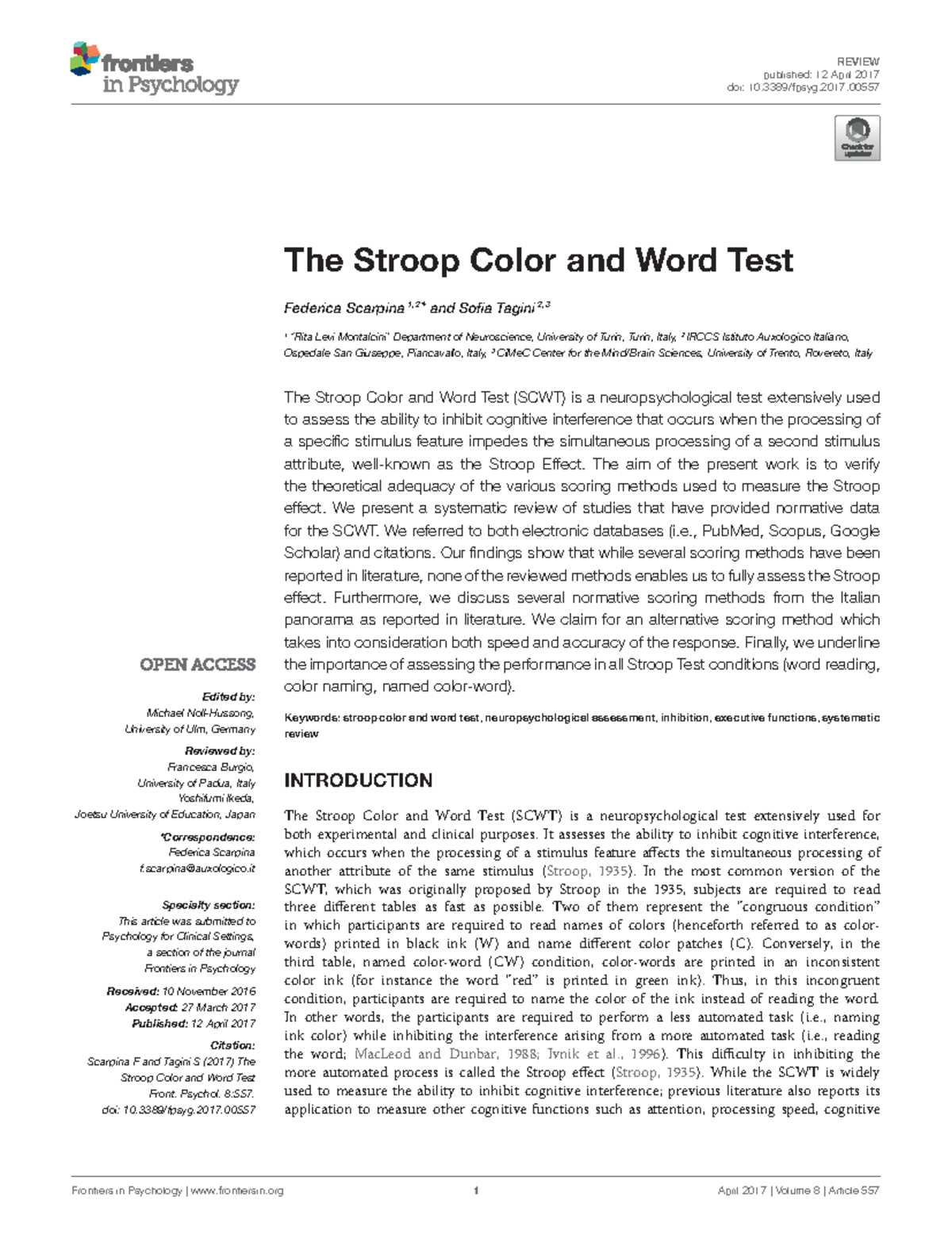 Scarpina and Tagini - 2017 - The Stroop Color and Word Test - REVIEW ...