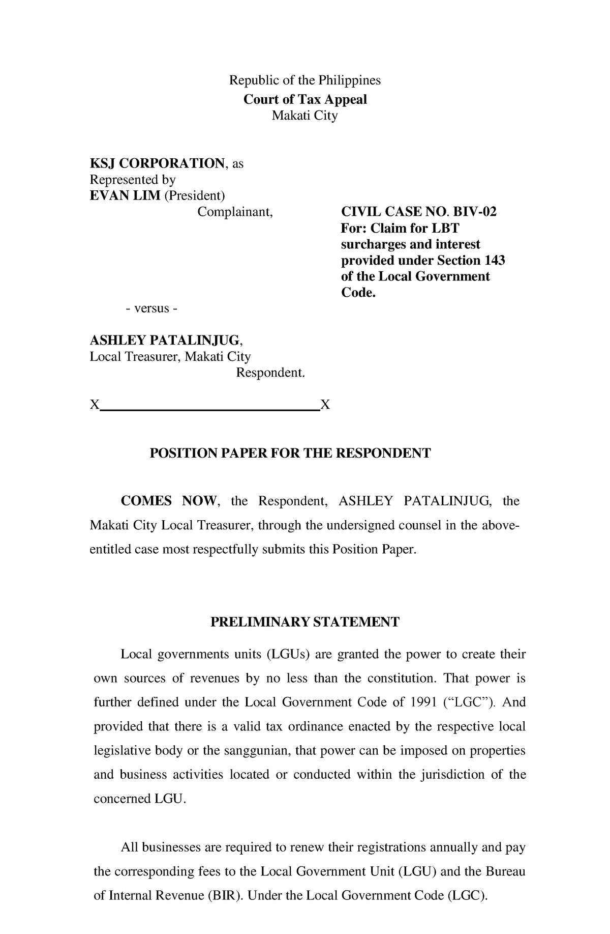 Patalinjug Ashley Position Paper for LGU OF Makati - Republic of the ...