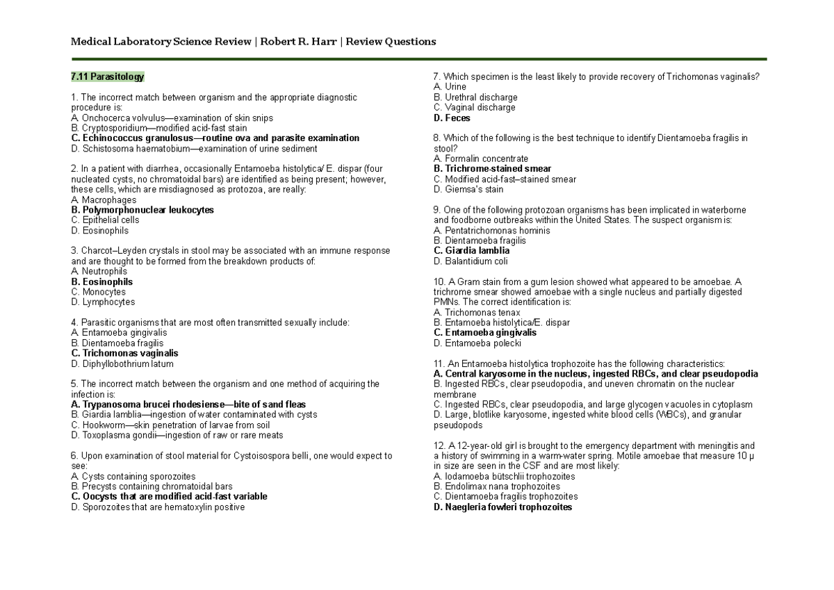 Harr's RQs - Parsitology - 7 Parasitology 1. The incorrect match ...