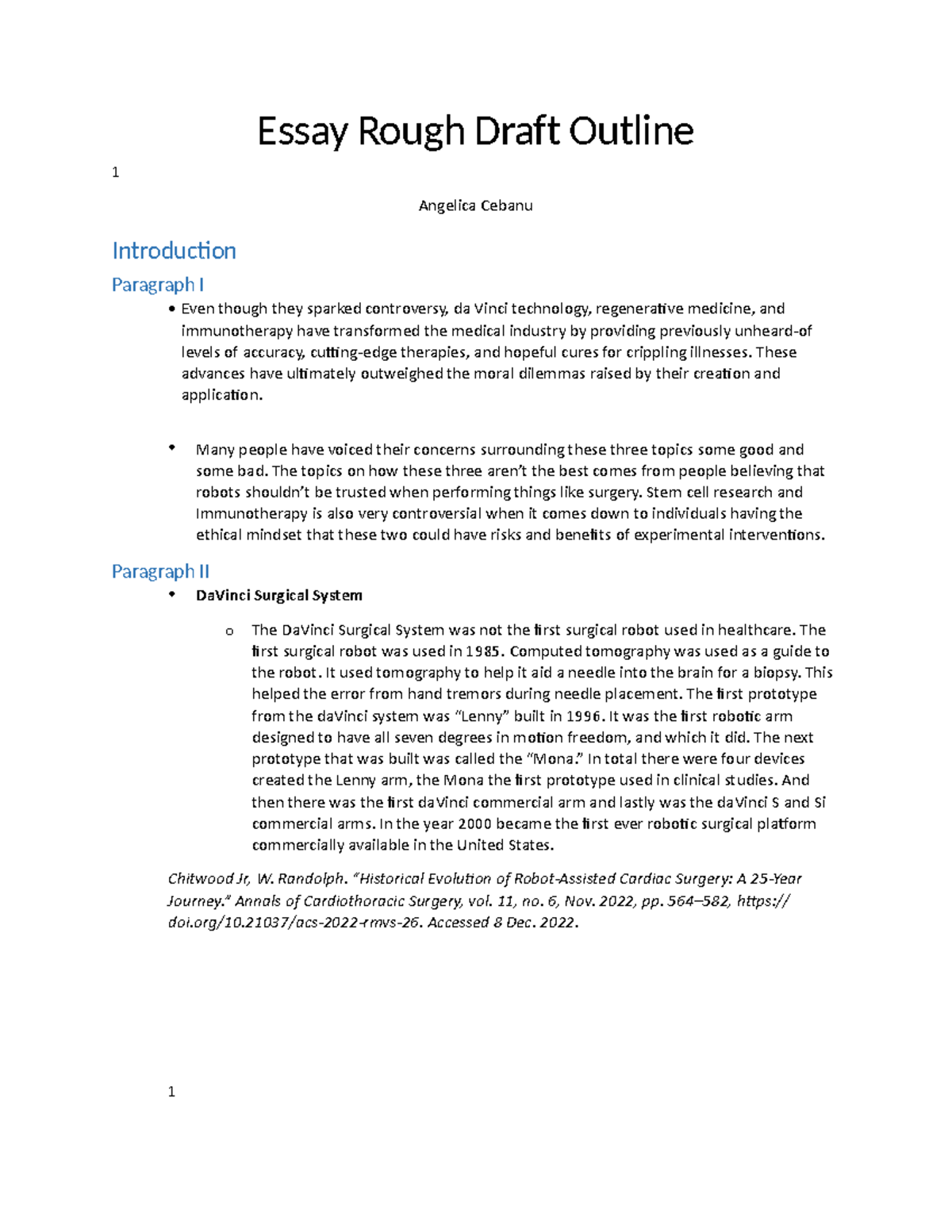 Essay outline - completed - Essay Rough Draft Outline 1 Angelica Cebanu ...