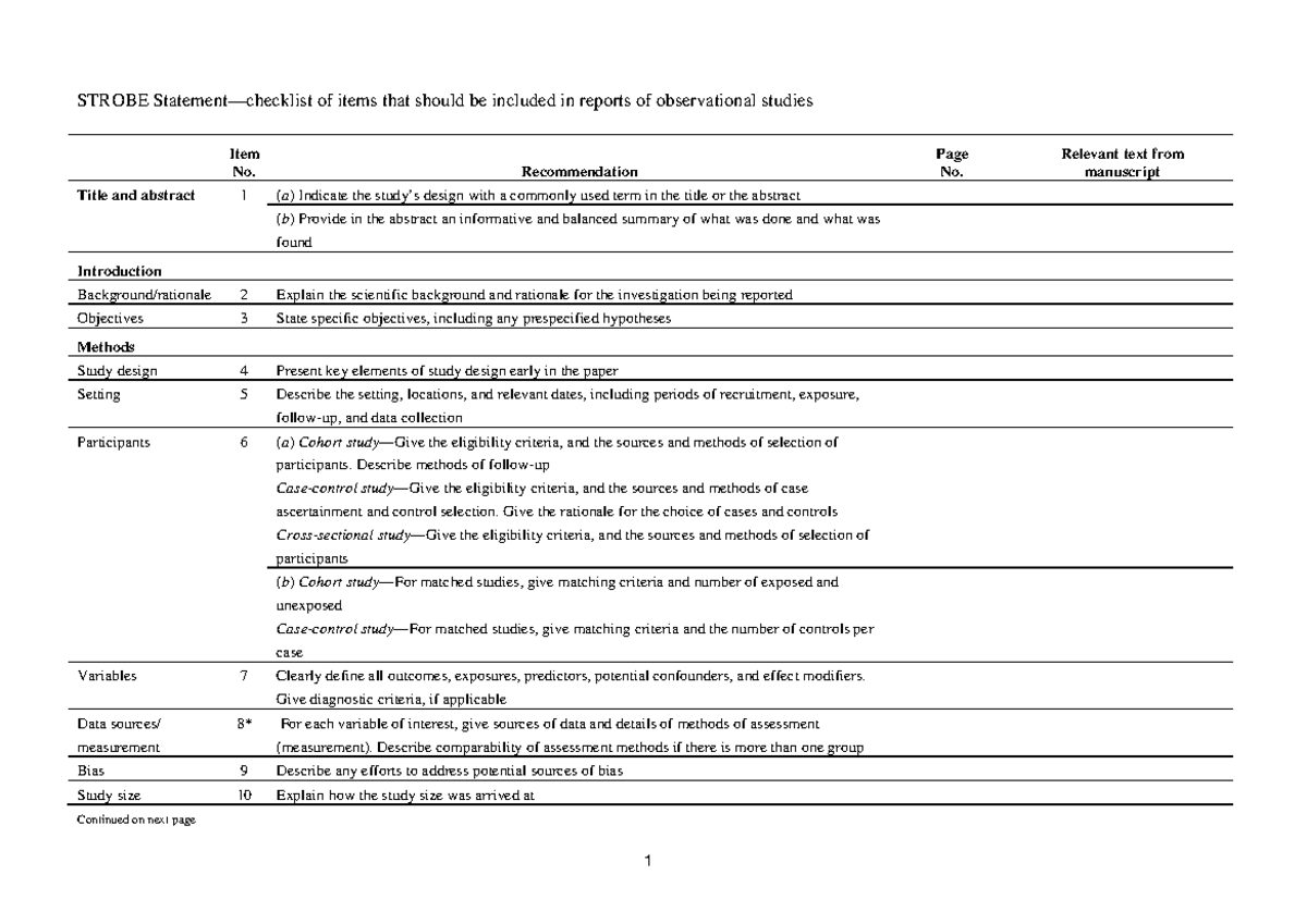 Strobe checklist 1 STROBE Statement—checklist of items that should be