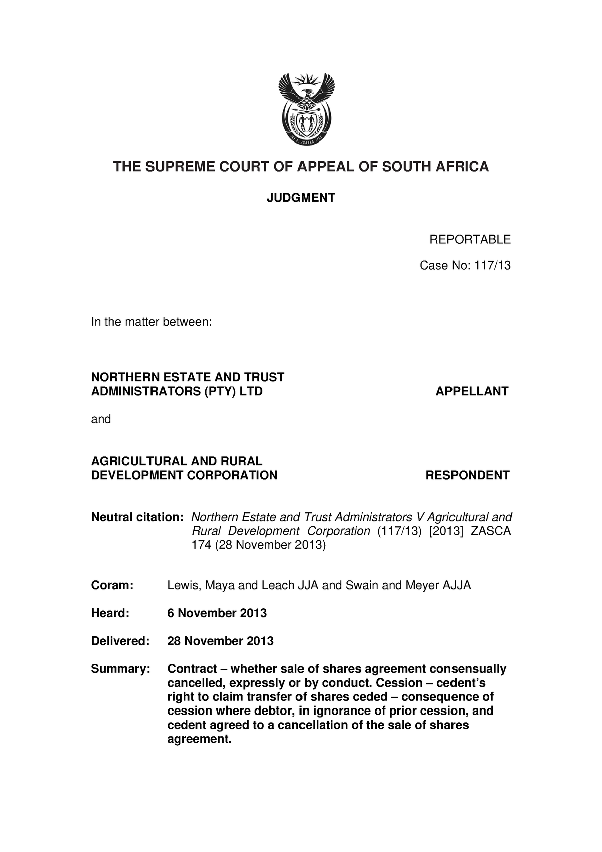 174 - case - THE SUPREME COURT OF APPEAL OF SOUTH AFRICA JUDGMENT ...