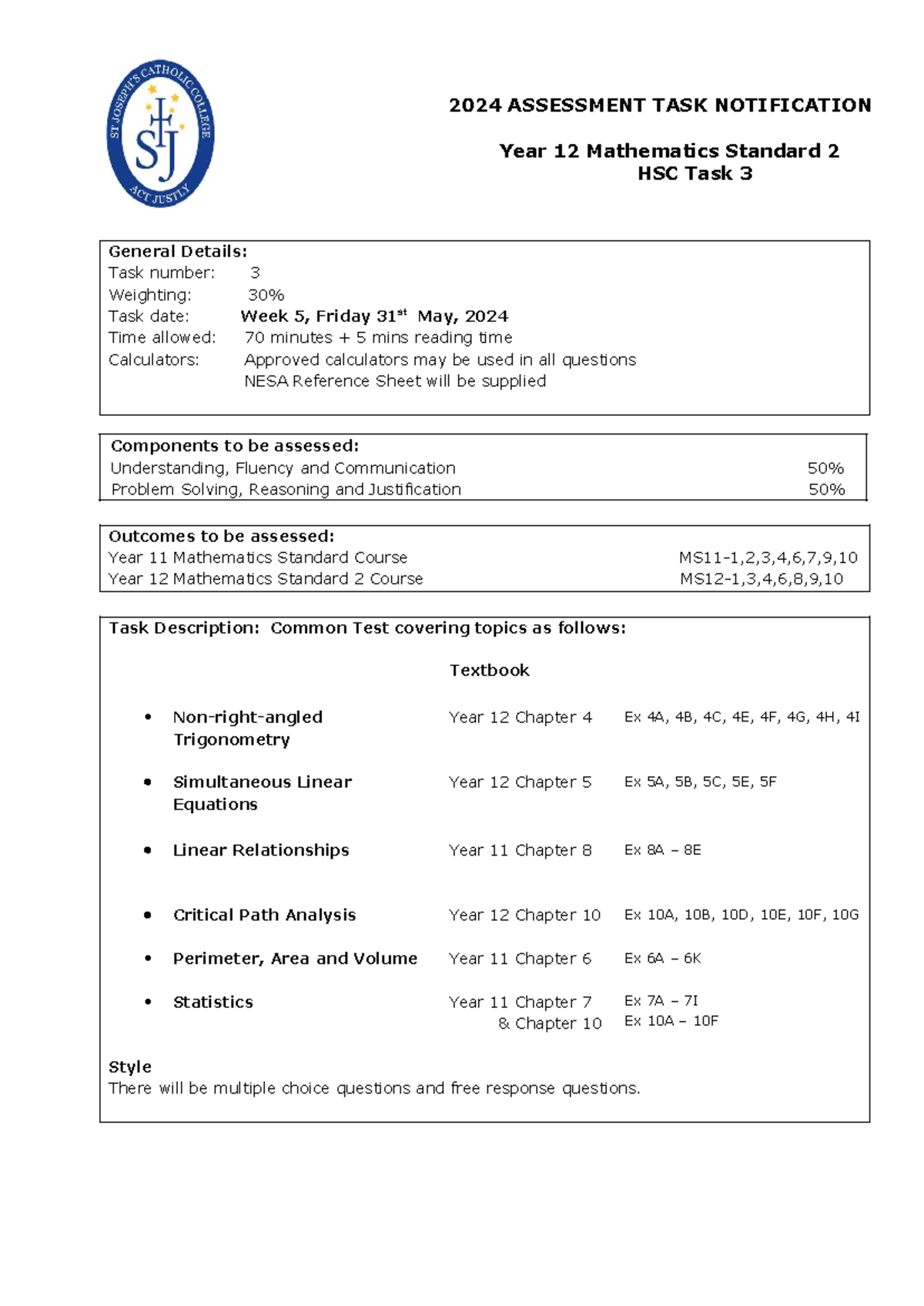 2024 HSC Standard 2 Task 3 Notification - 2024 ASSESSMENT TASK ...