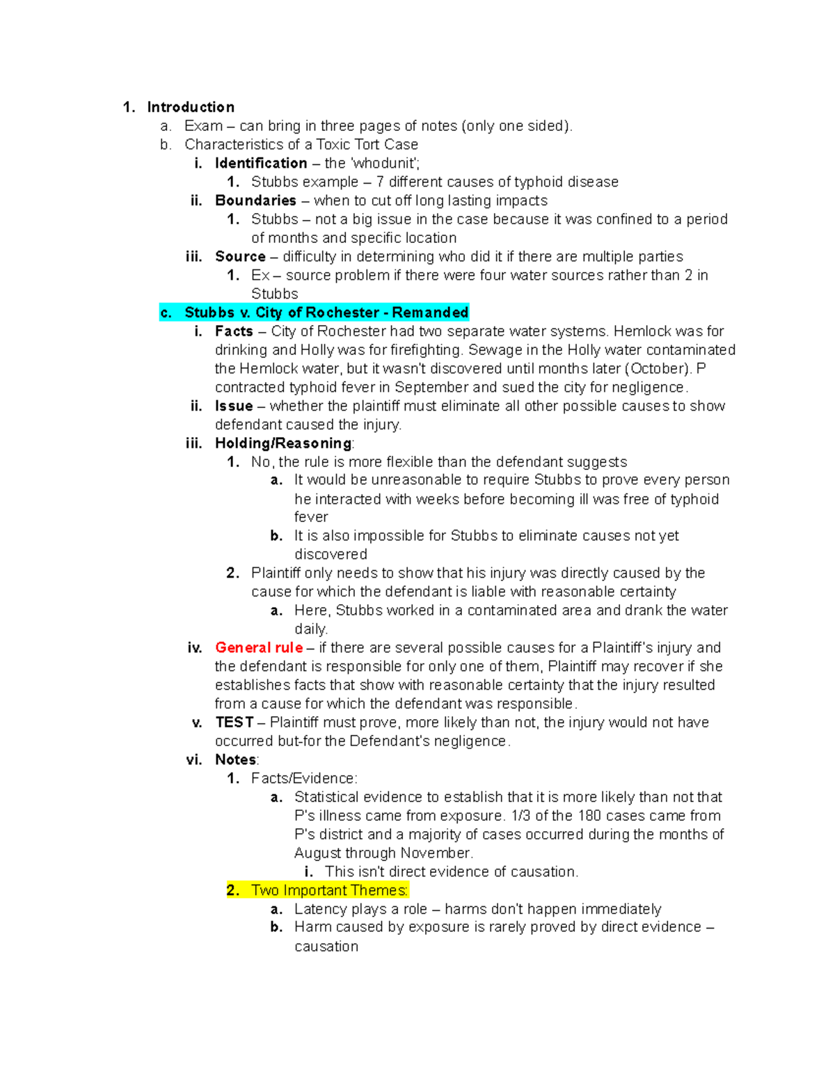 Toxic Torts Outline - Introduction a. Exam – can bring in three pages ...