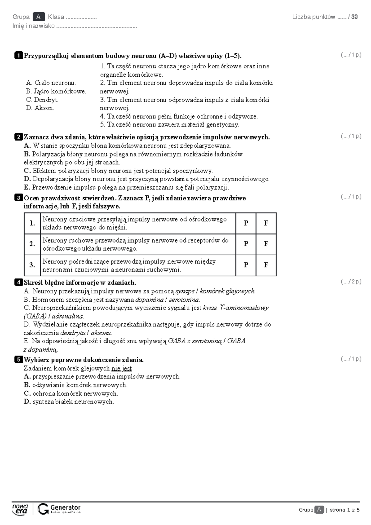 Test - chemia nieorganiczna - Grupa A | strona 1 z 5 Grupa A Klasa
