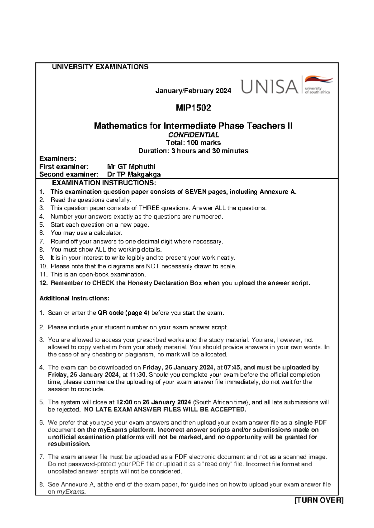MIP1502 Jan Feb 2024 LE1 - UNIVERSITY EXAMINATIONS January/February ...