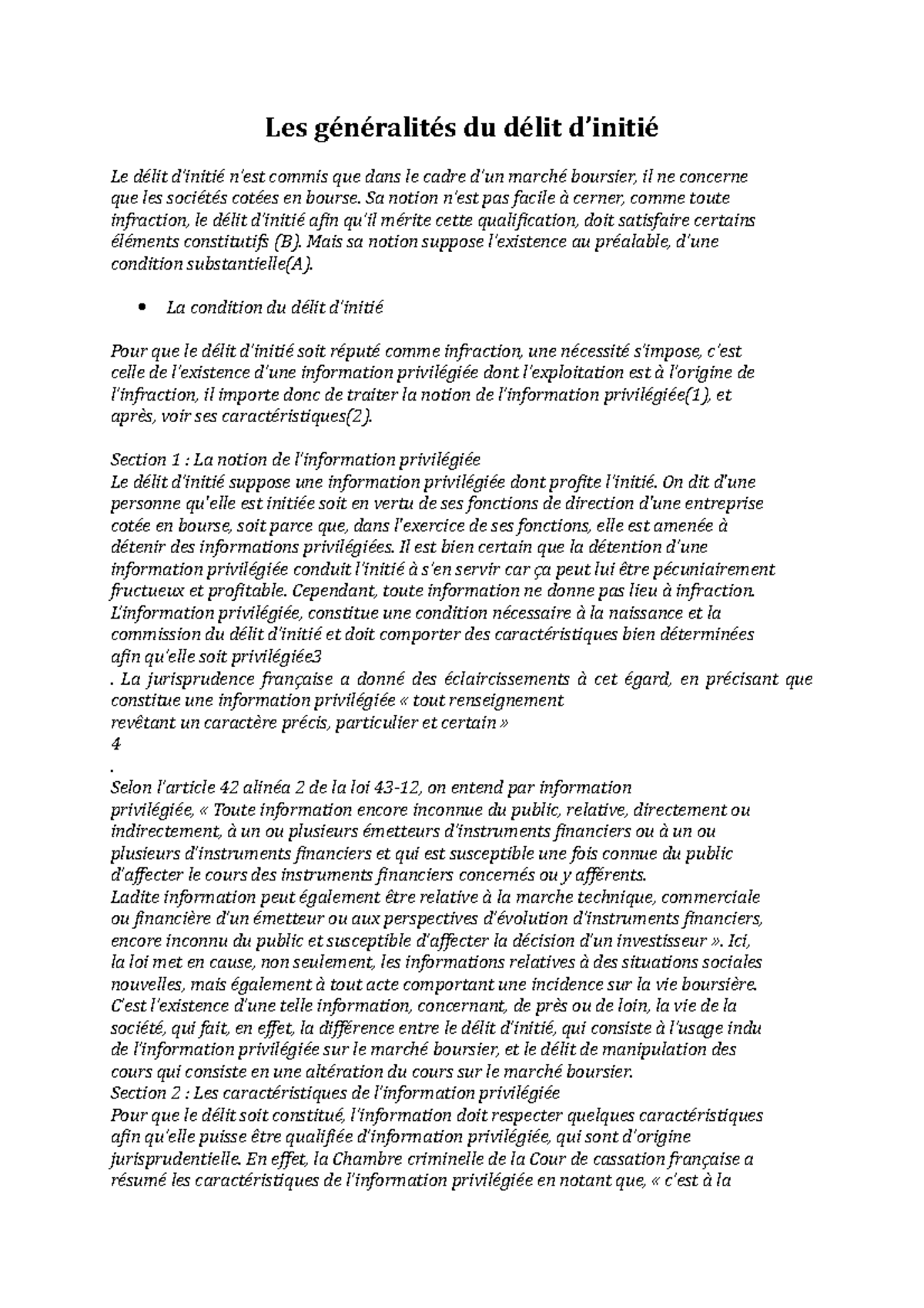 Les généralités du délit d’initié Les généralités du délit d’initié