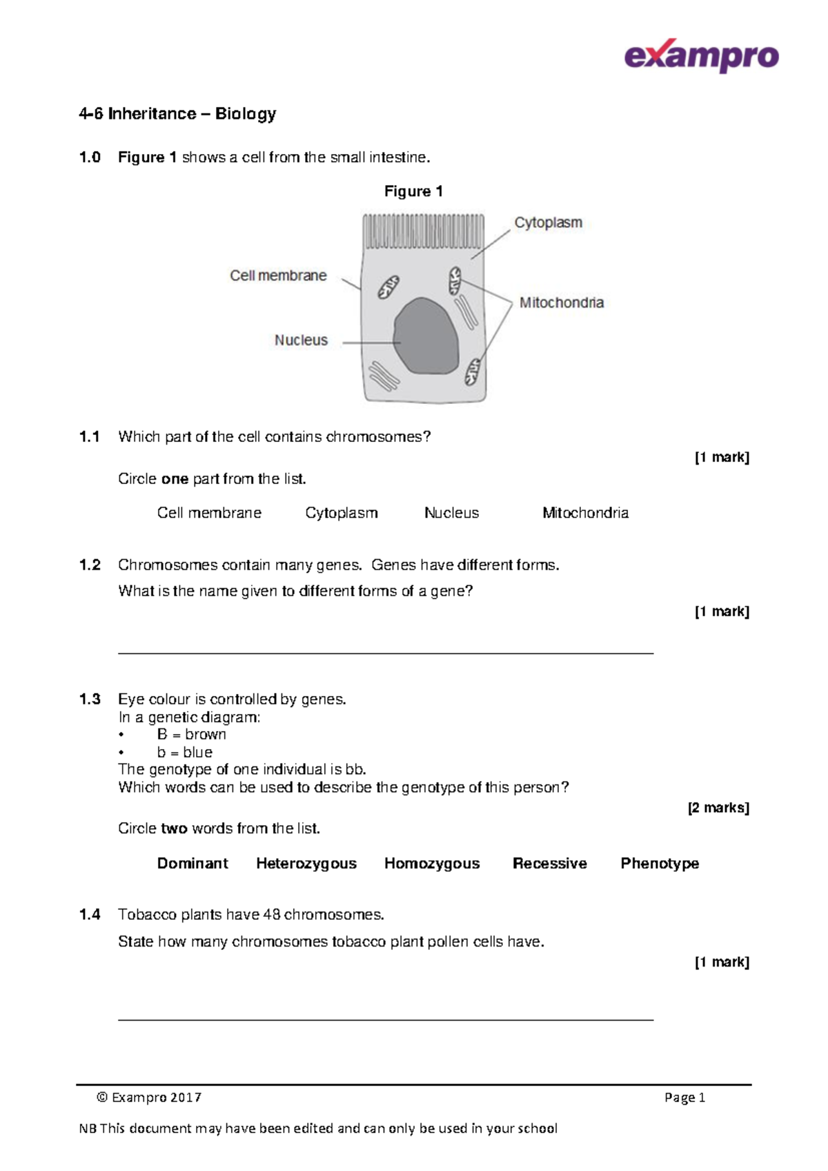 Biology Separate Inheritance - © Exampro 2017 Page 1 4 - 6 Inheritance 