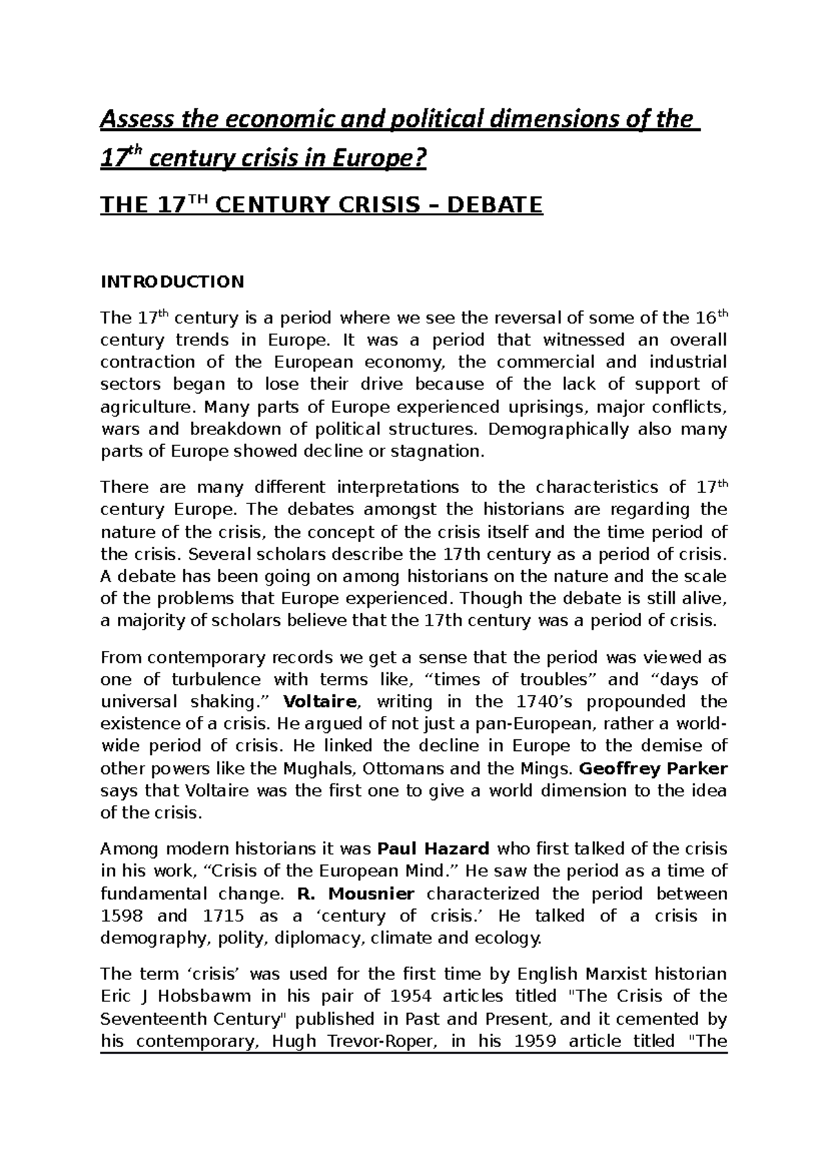 Debate - 17th century crisis - Assess the economic and political ...